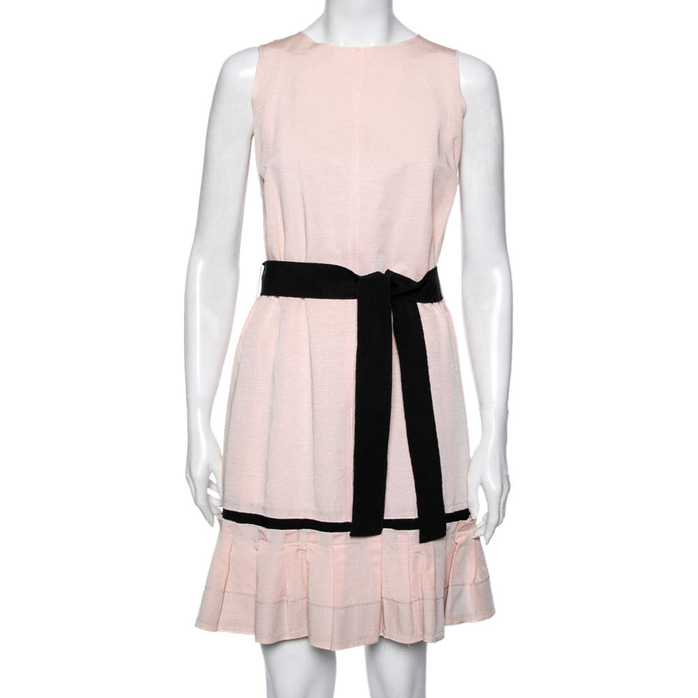 Pre Owned D&G Peach Cotton Pleated Belted Sleeveless Dress M