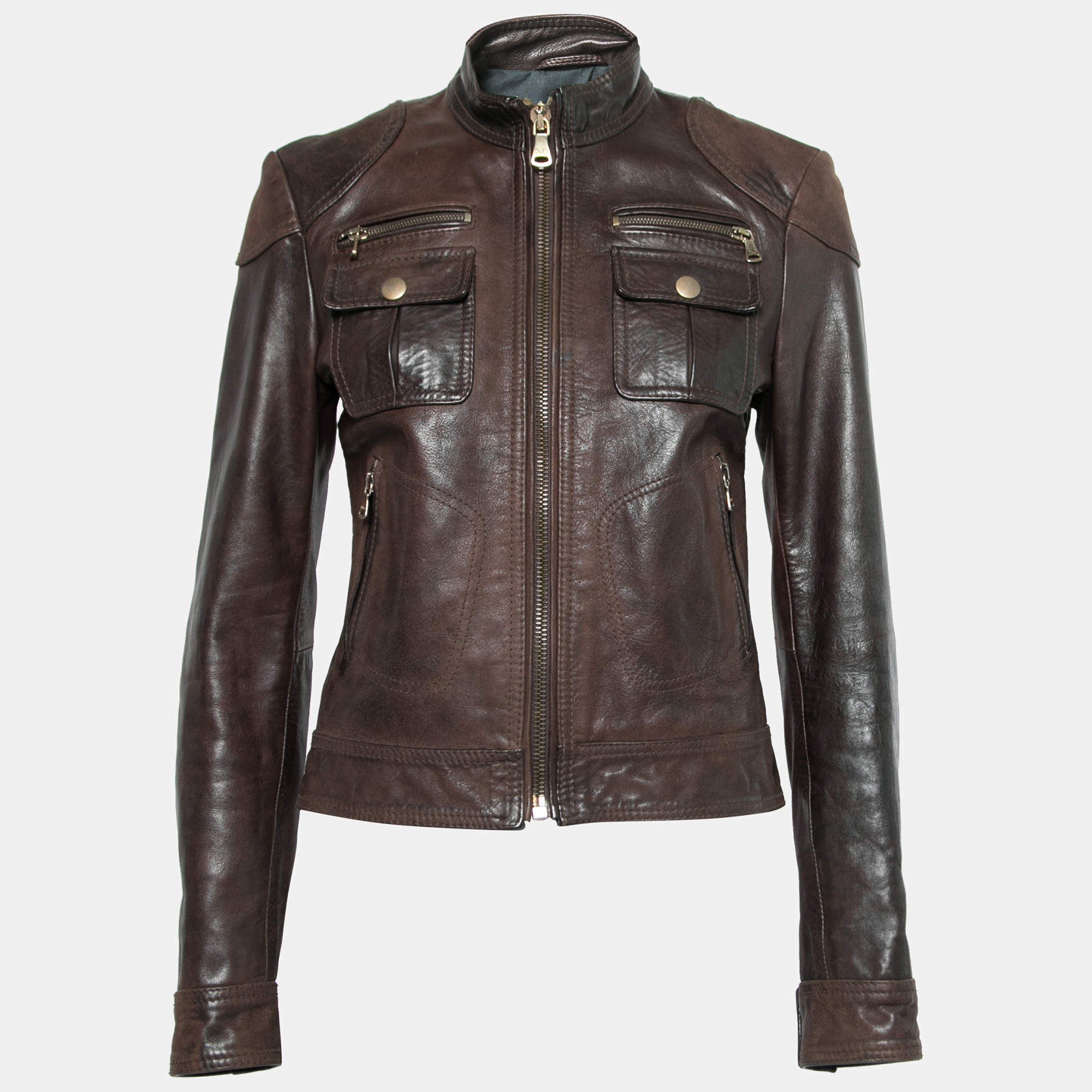 Pre Owned D&G Brown Leather Long Sleeve Jacket S