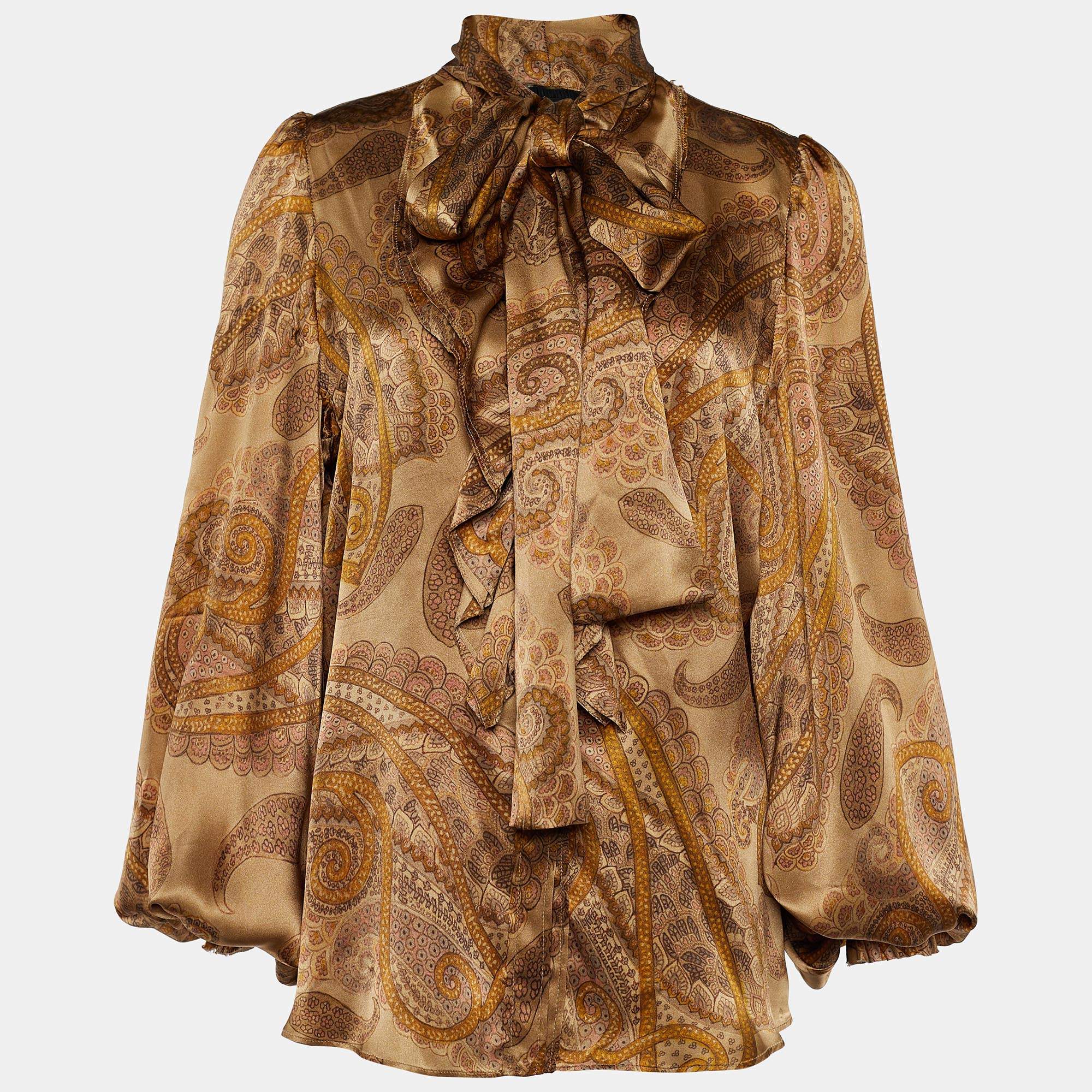 Pre Owned D&G Brown Paisley Print Silk Satin Ruffled Blouse M