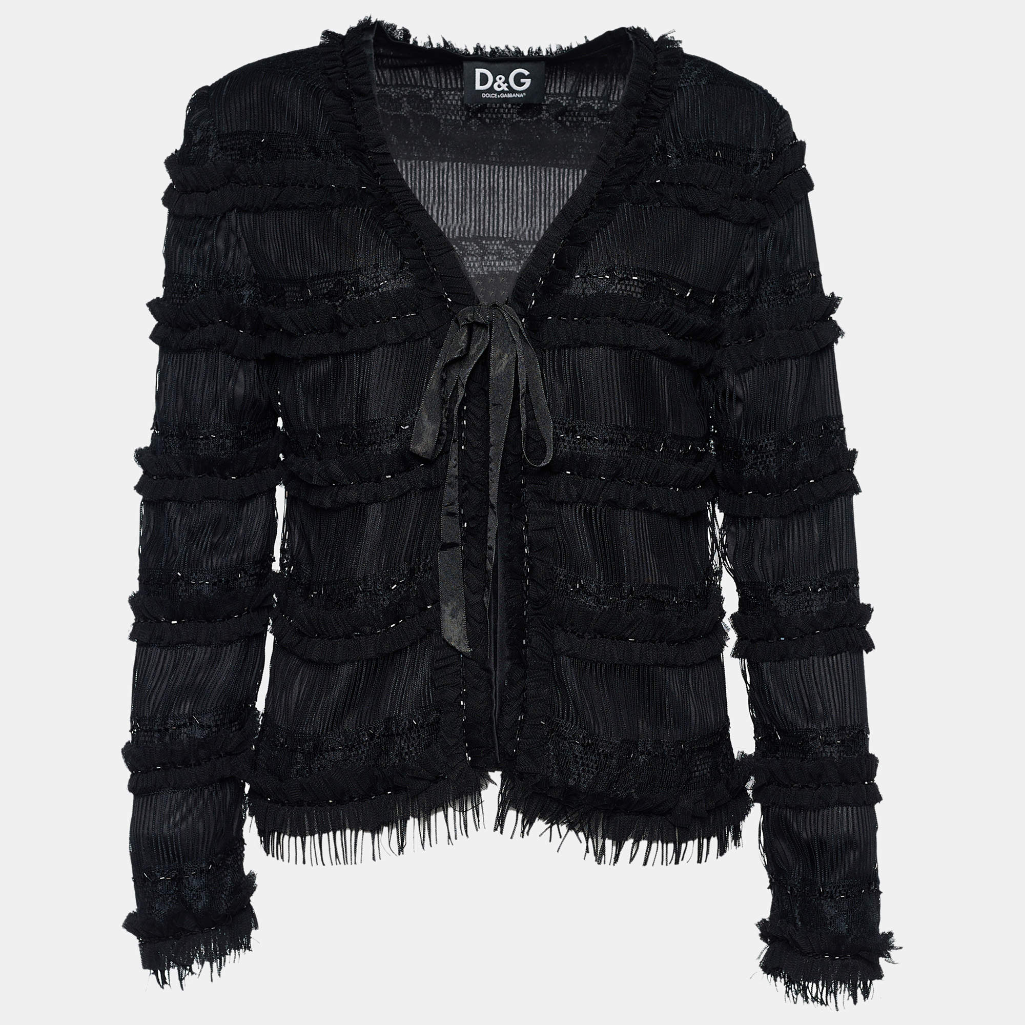 Pre Owned D&G Black Lace & Tulle Bead Embellished Tie Detail Jacket M