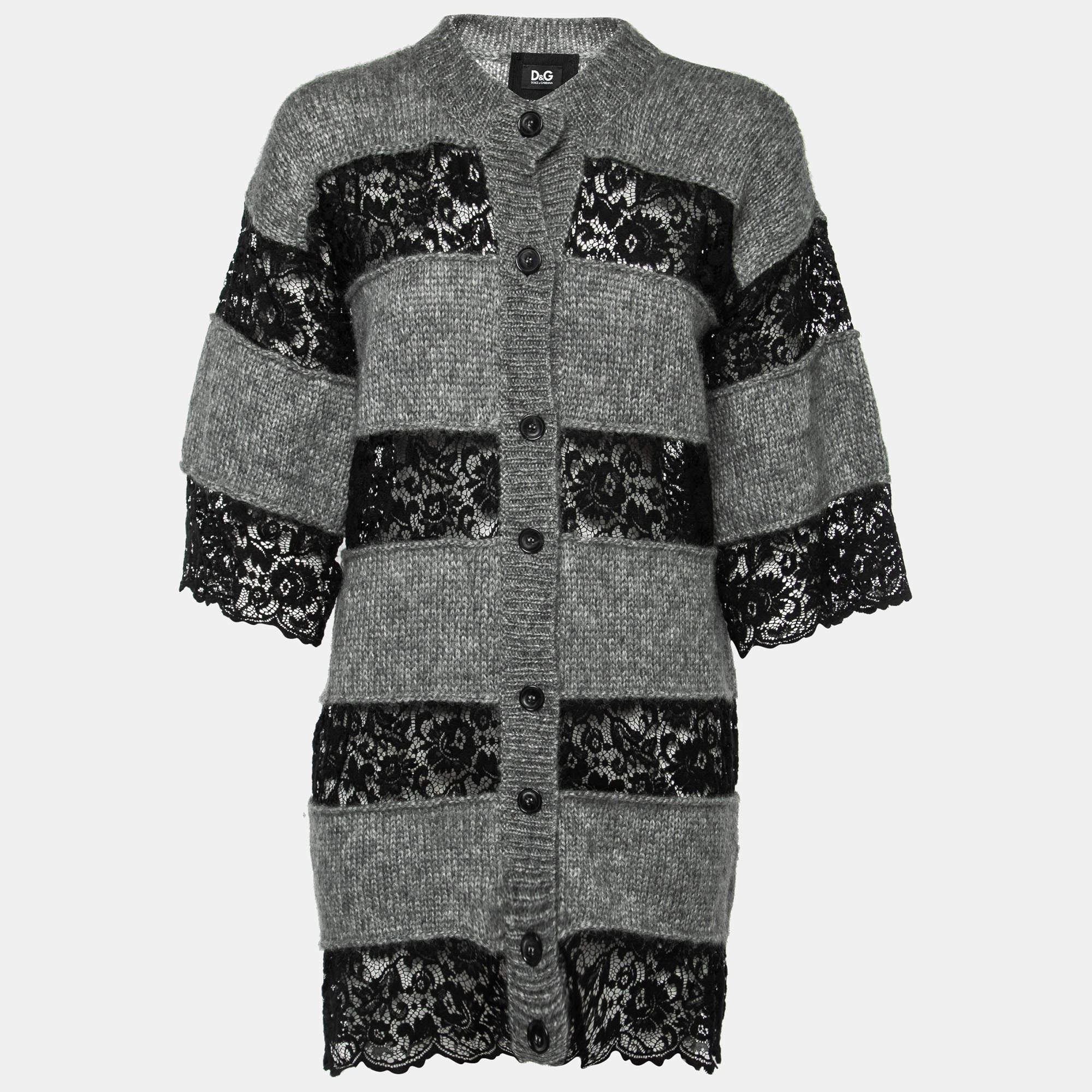 Pre Owned D&G Grey Mohair Wool Contrast Lace Cardigan M