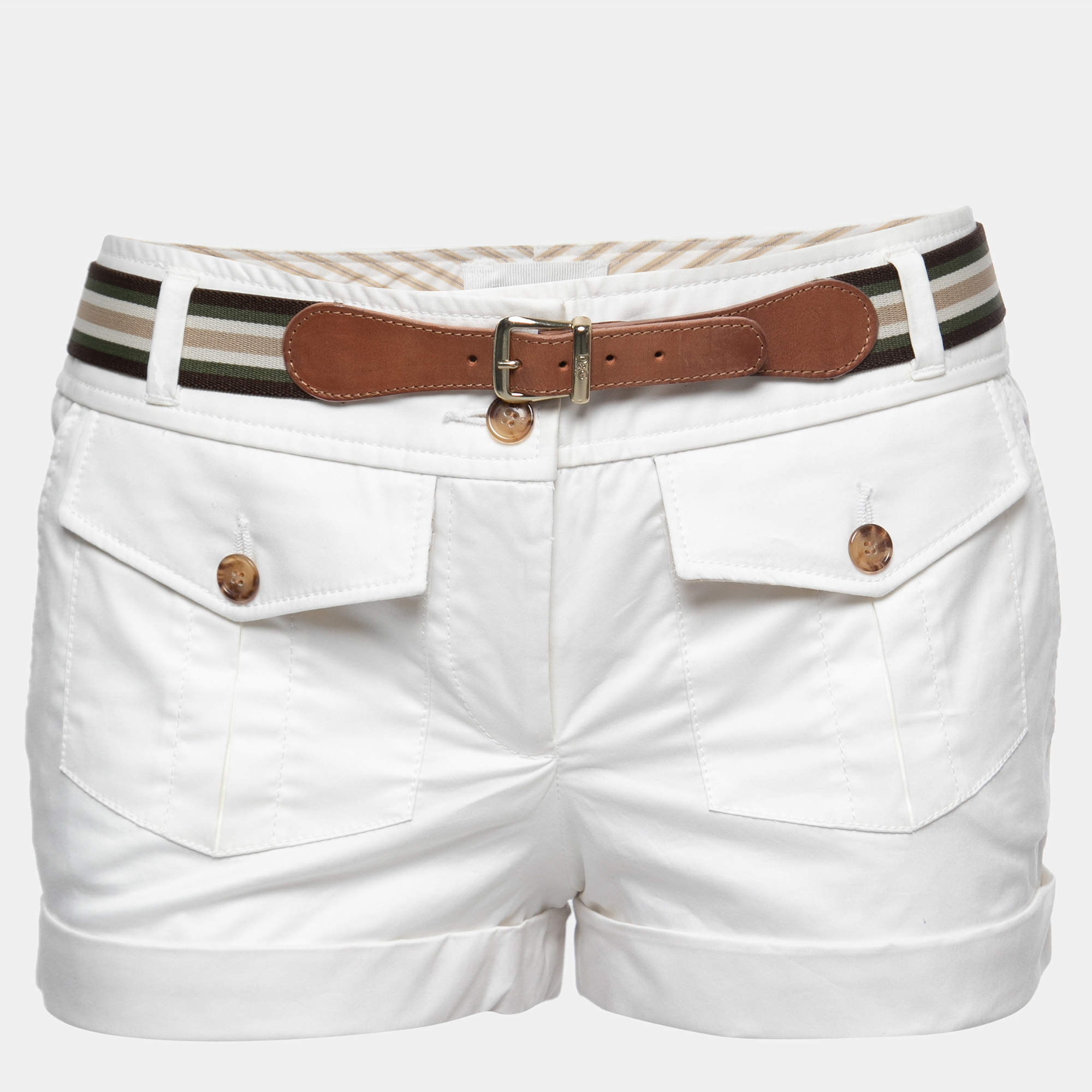 D&G White Cotton Belted Mini Shorts S