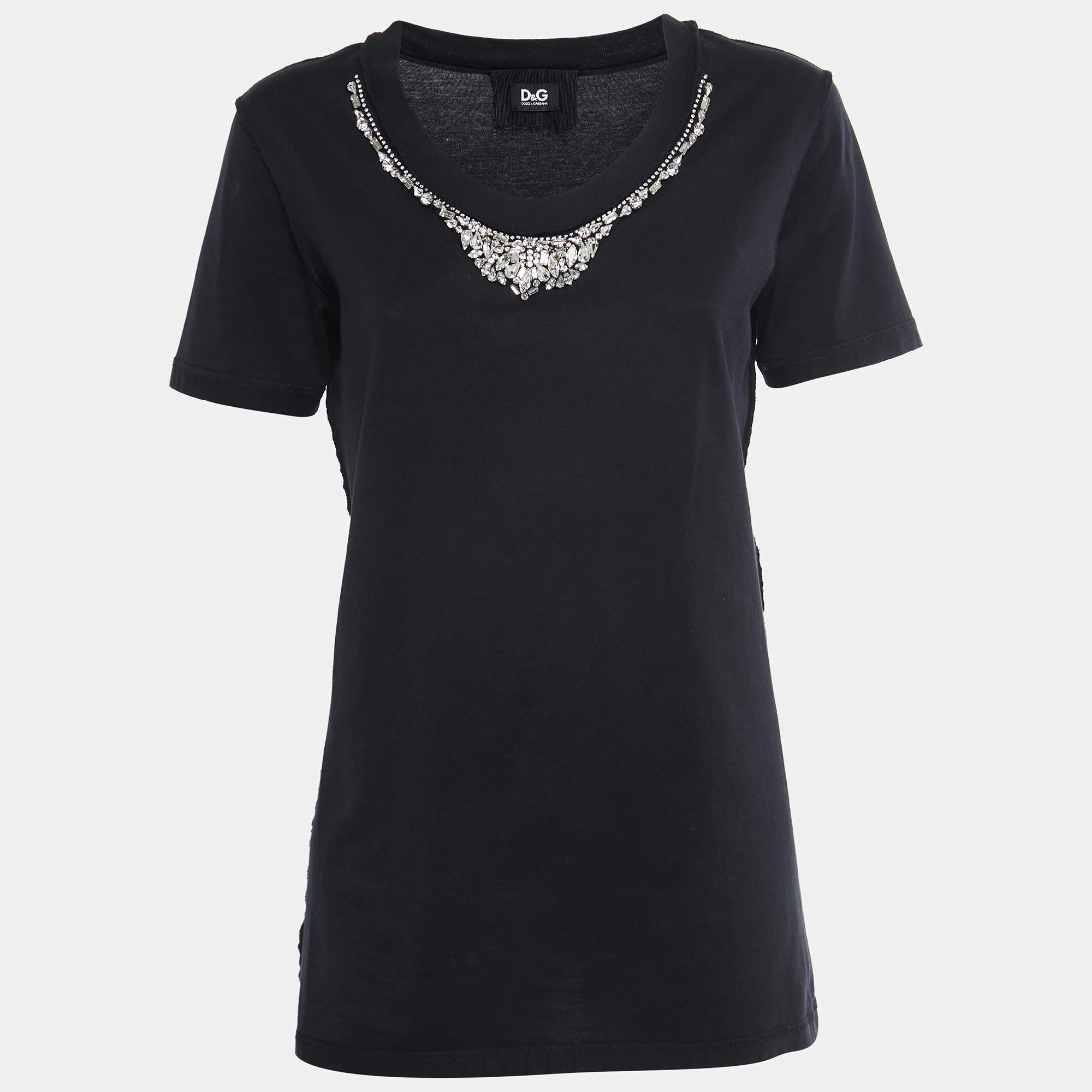 D&G Black Cotton Rhinestone Embellished T-Shirt M
