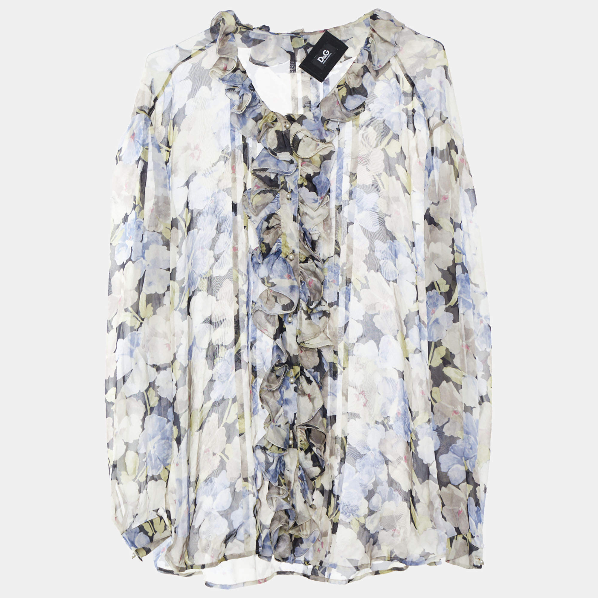 Pre Owned D&G Grey & Blue Floral Printed Silk Ruffled Shirt L