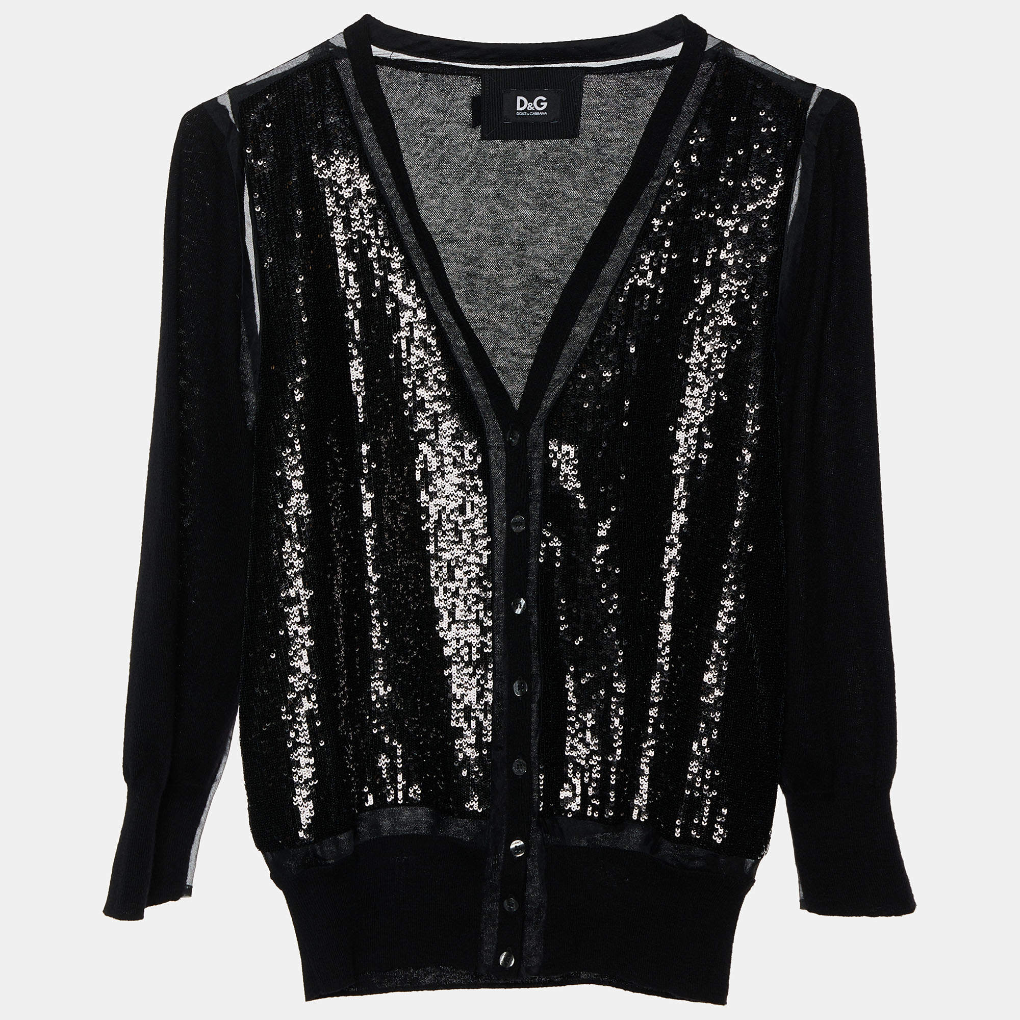 D&G Black Sequin Embellished Cashmere Button Front Cardigan L