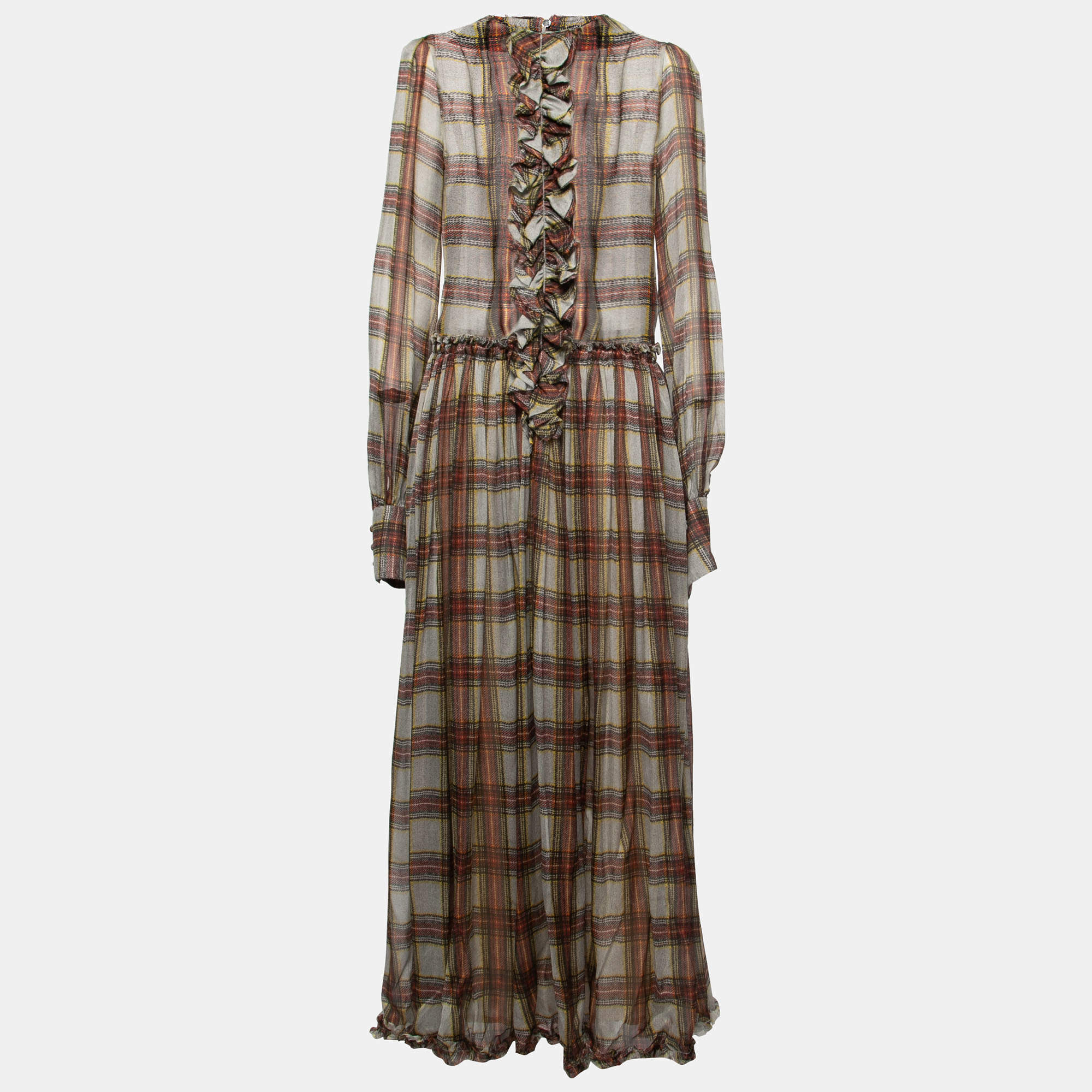 D&G Grey Checked Chiffon Silk Ruffled Tiered Maxi Dress M