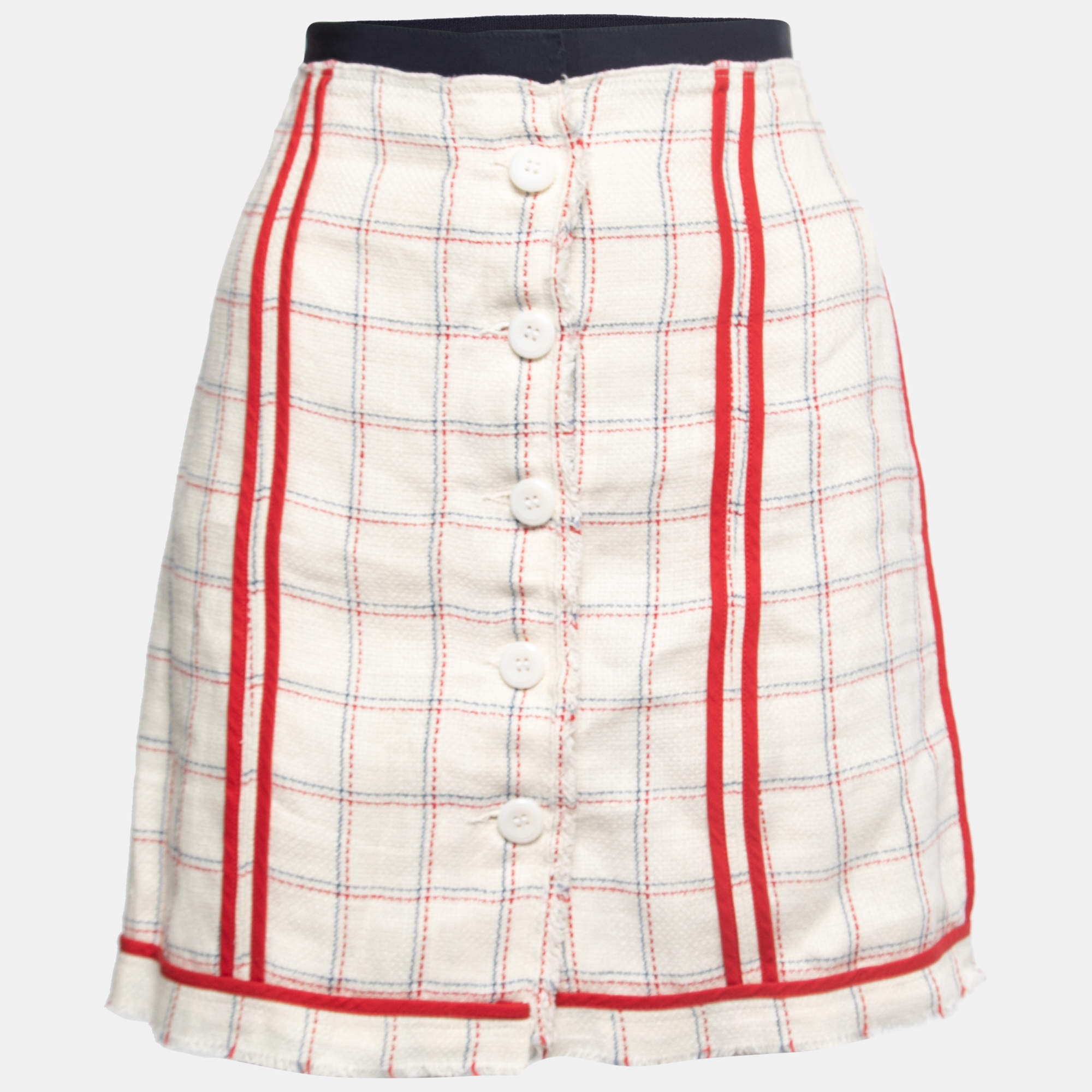 D&G White Checked Patterned Linen Buttoned Mini Skirt S