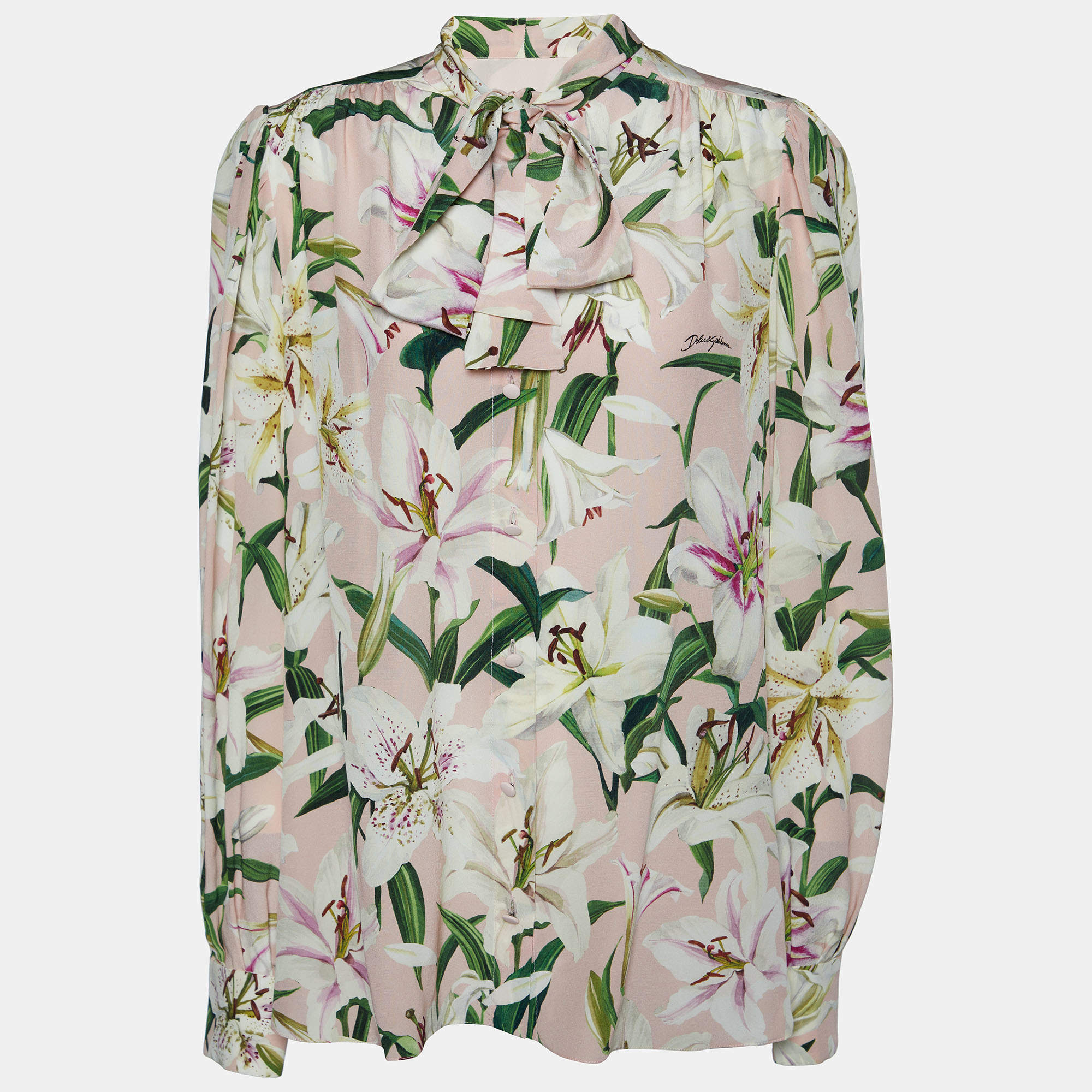 Pre Owned Dolce & Gabbana Pink Floral Printed Silk Neck Tie Detail Shirt L
