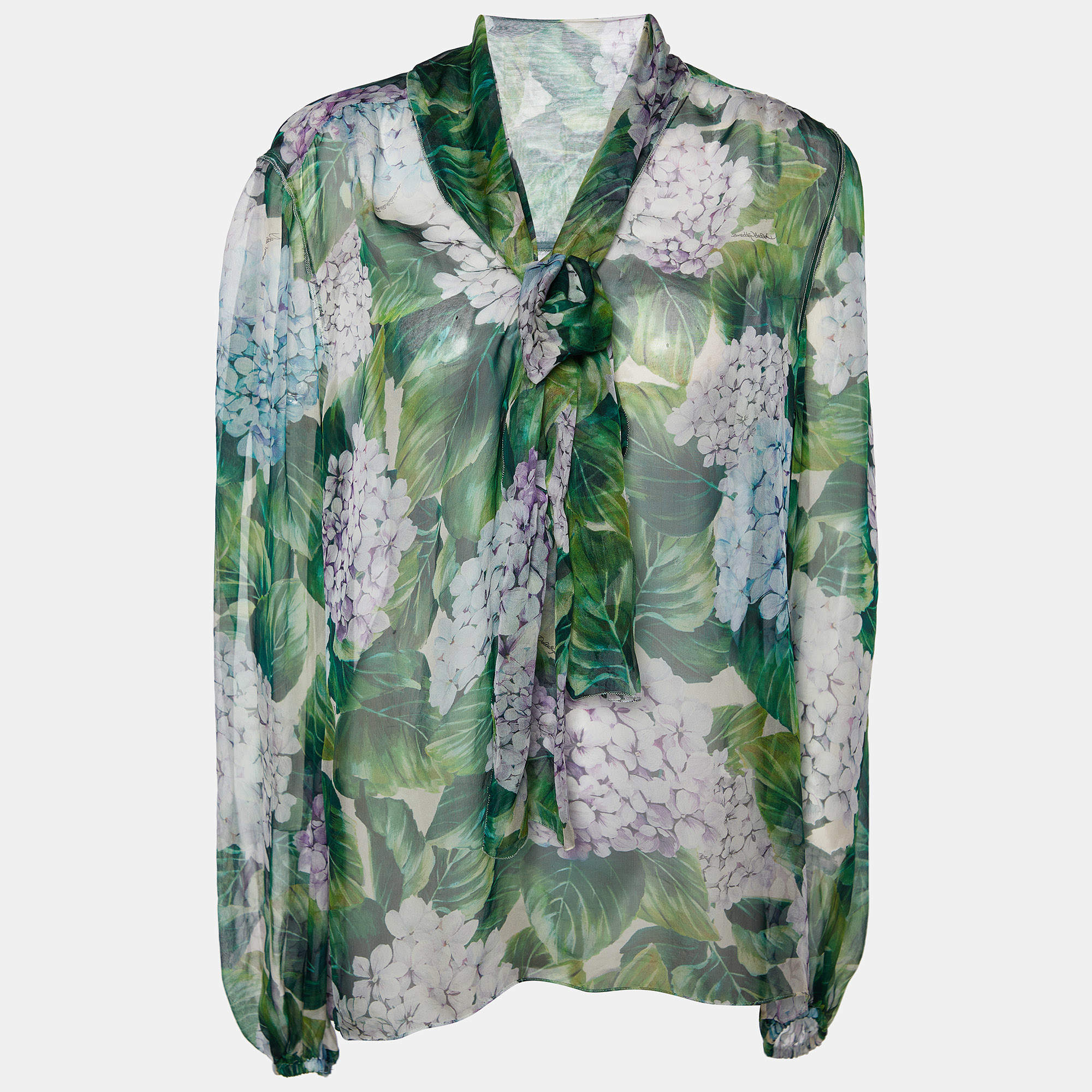 Pre Owned Dolce & Gabbana Green Hydrangea Printed Silk Neck Tie Detail Sheer Top L
