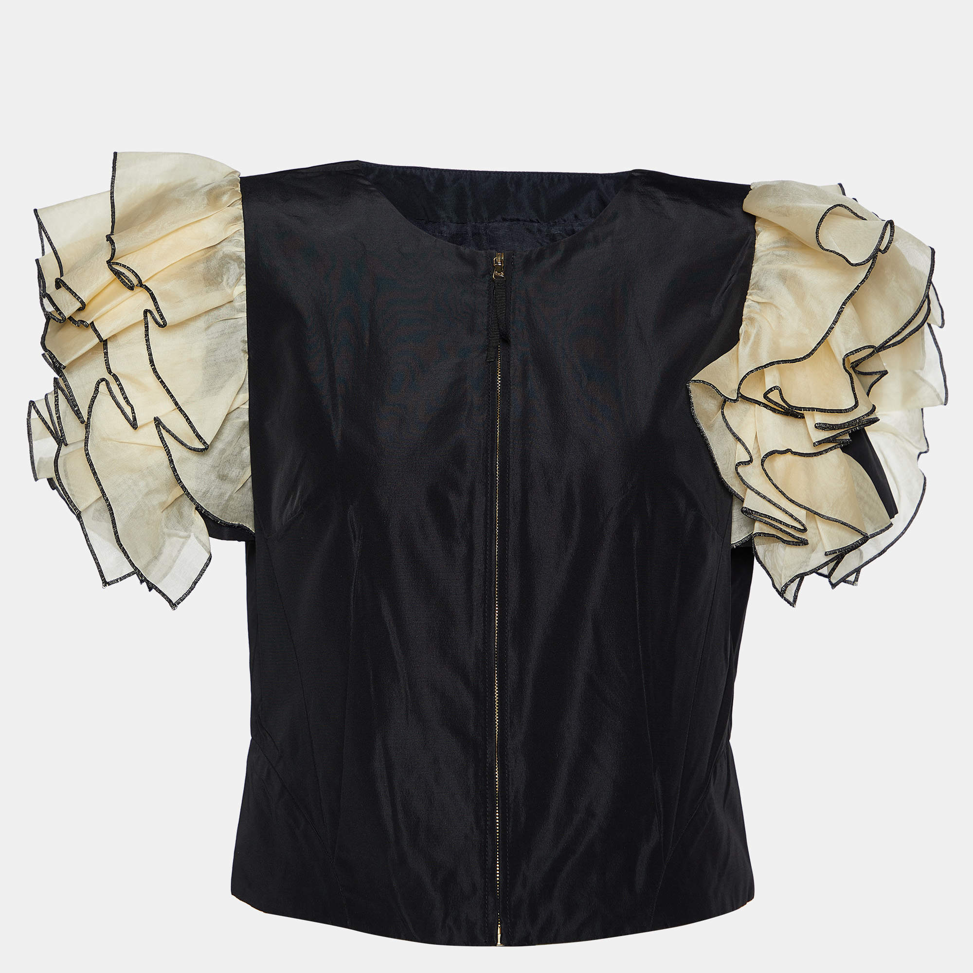 D&G Black Silk Contrast Ruffle Sleeve Top L