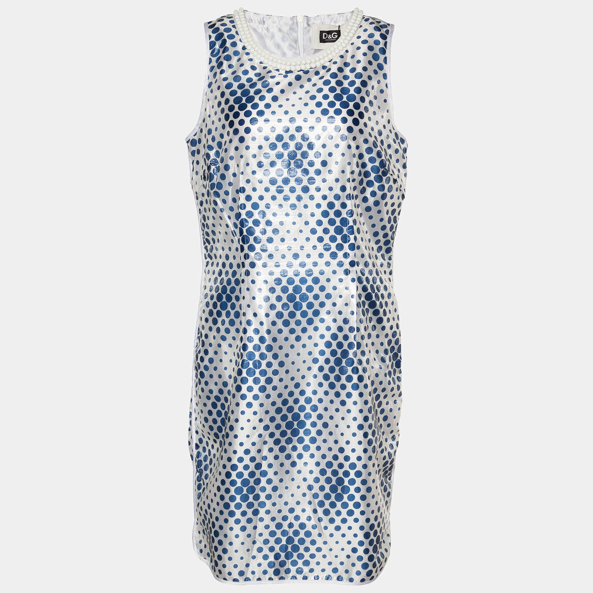 D&G White & Blue Dot Printed Silk Blend Sleeveless Midi Dress M