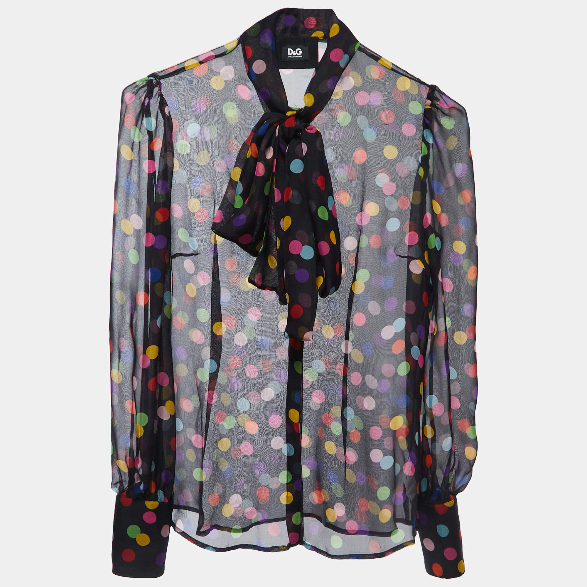 D&G Black/Multicolor Polka Dot Printed Chiffon Blouse M