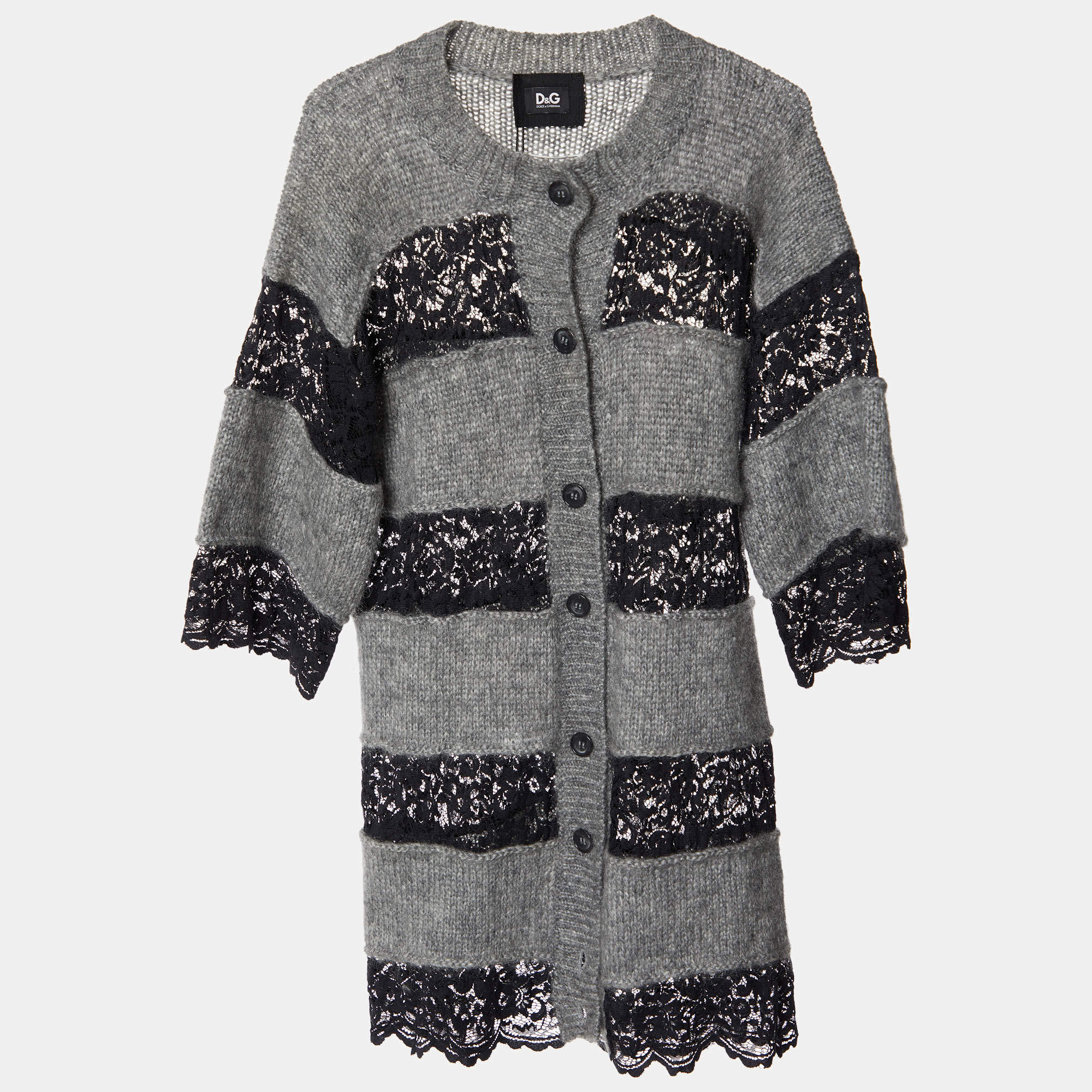 D&G Grey and Black Striped Lace Knit Cardigan M