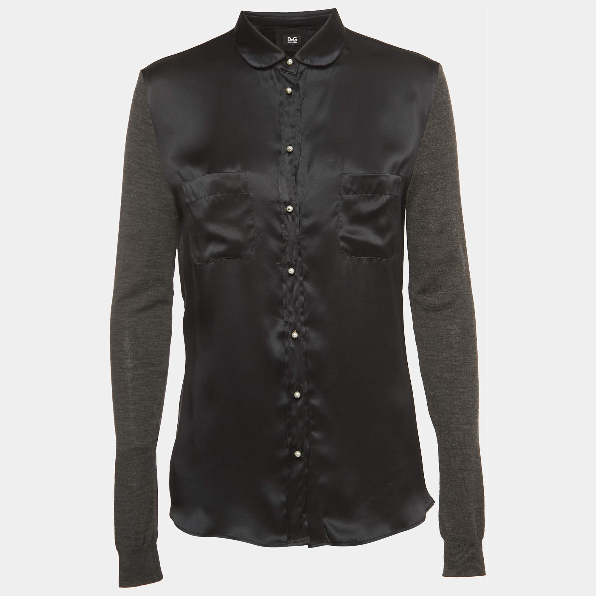 D&G Black Satin Button Front Knit Sleeve Shirt M