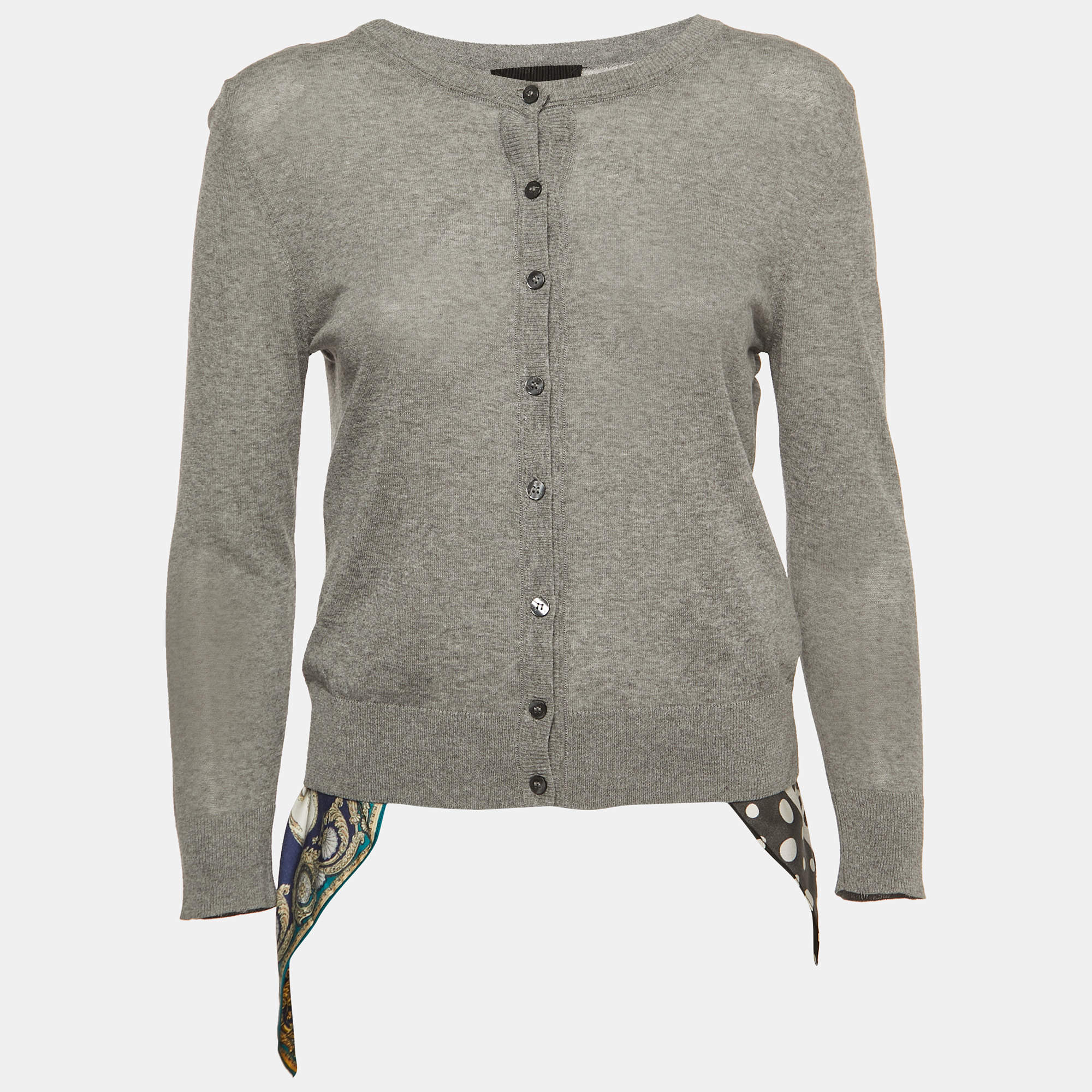 D&G Grey Knit & Print Silk Button Front Cardigan M