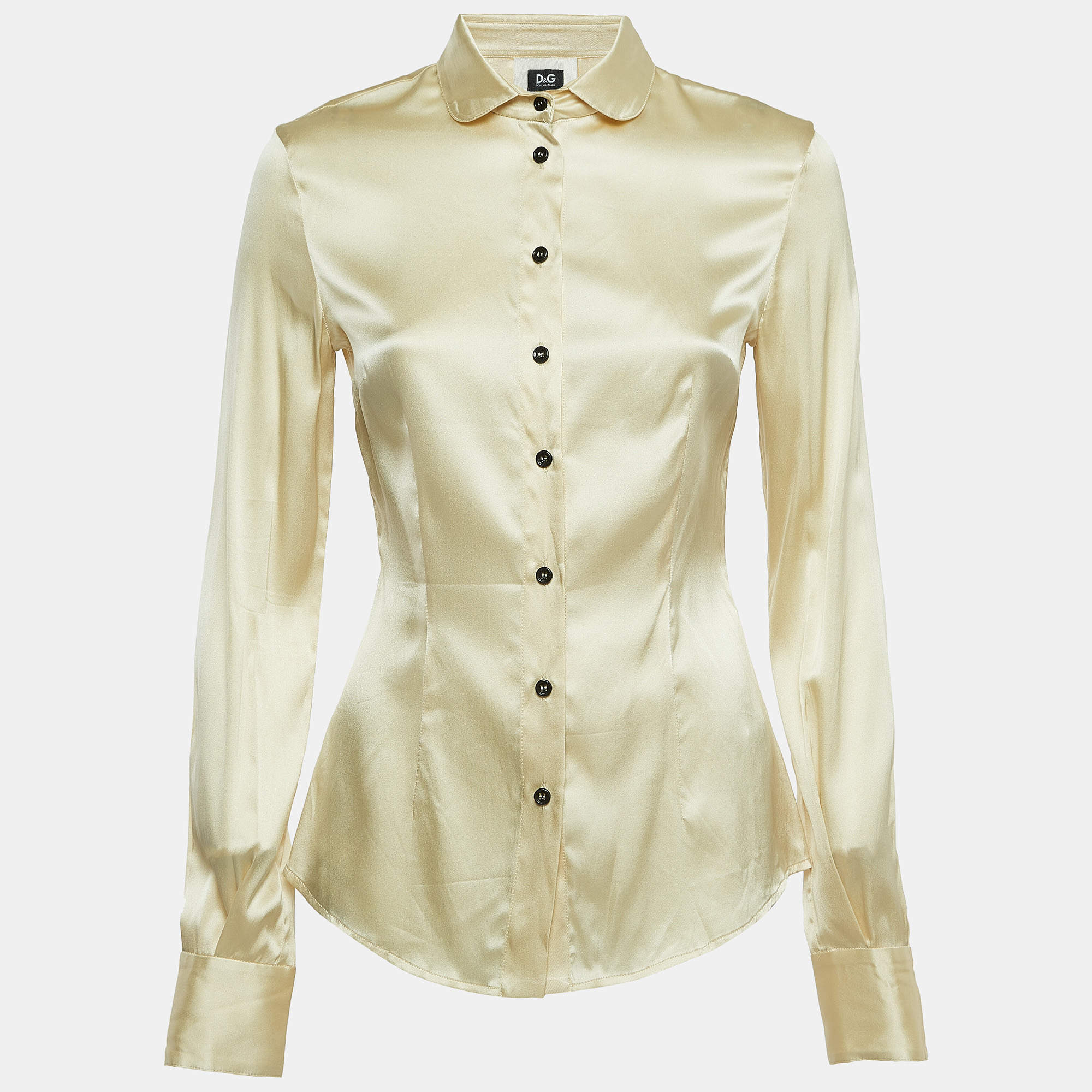 D&G Cream Satin Silk Button Front Full Sleeve Shirt S