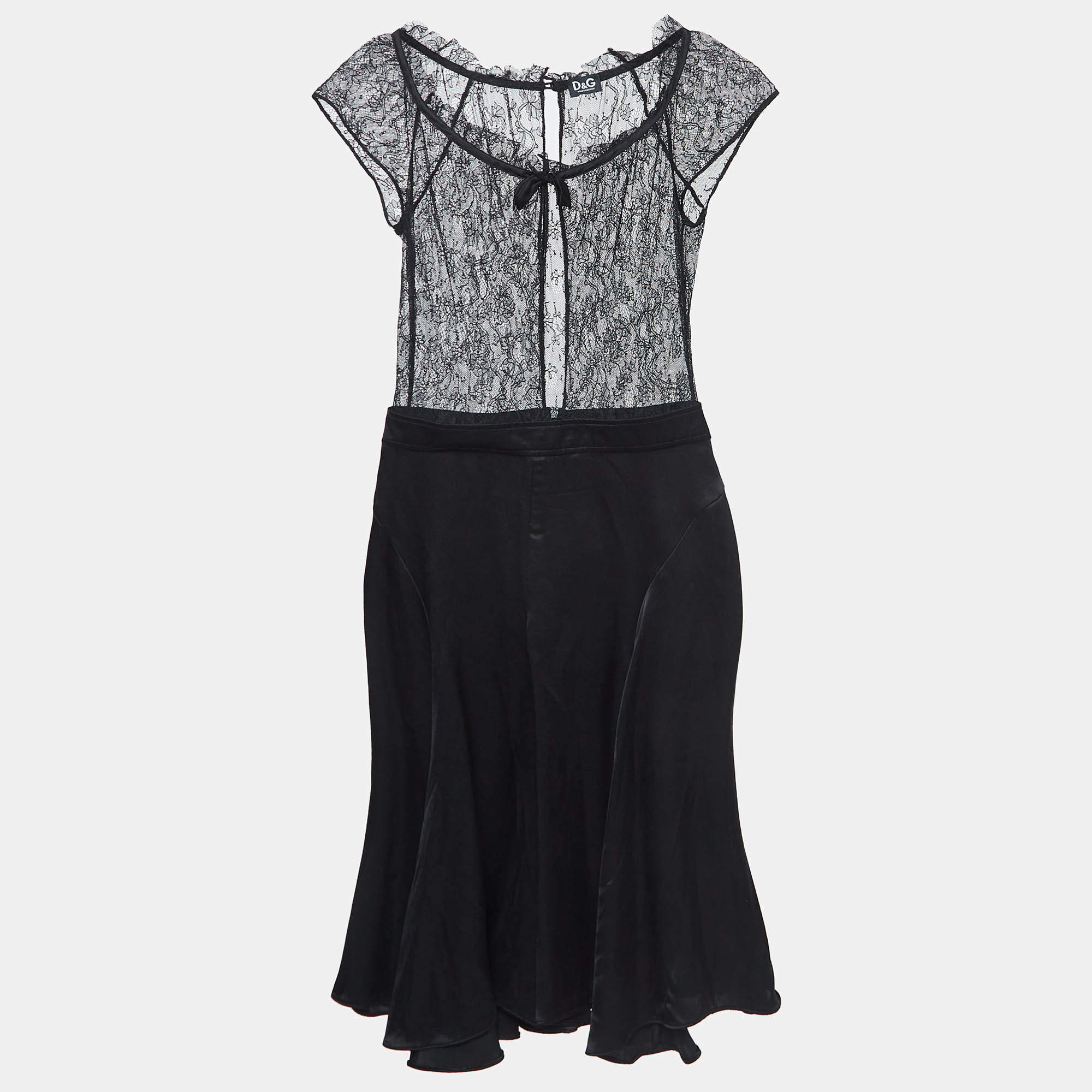 D&G Black Lace and Satin Flared Short Dress S