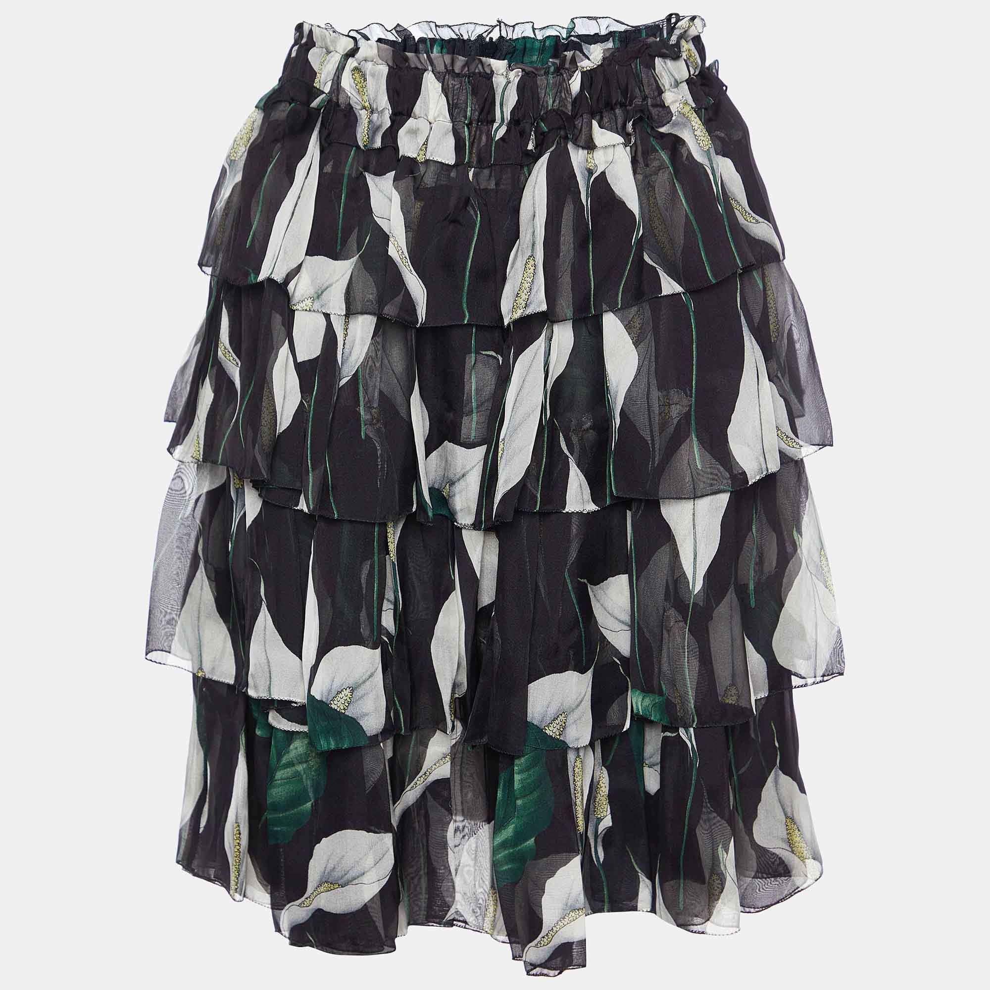 Pre Owned D&G Black Calla Lilly Print Silk Chiffon Tiered Skirt S