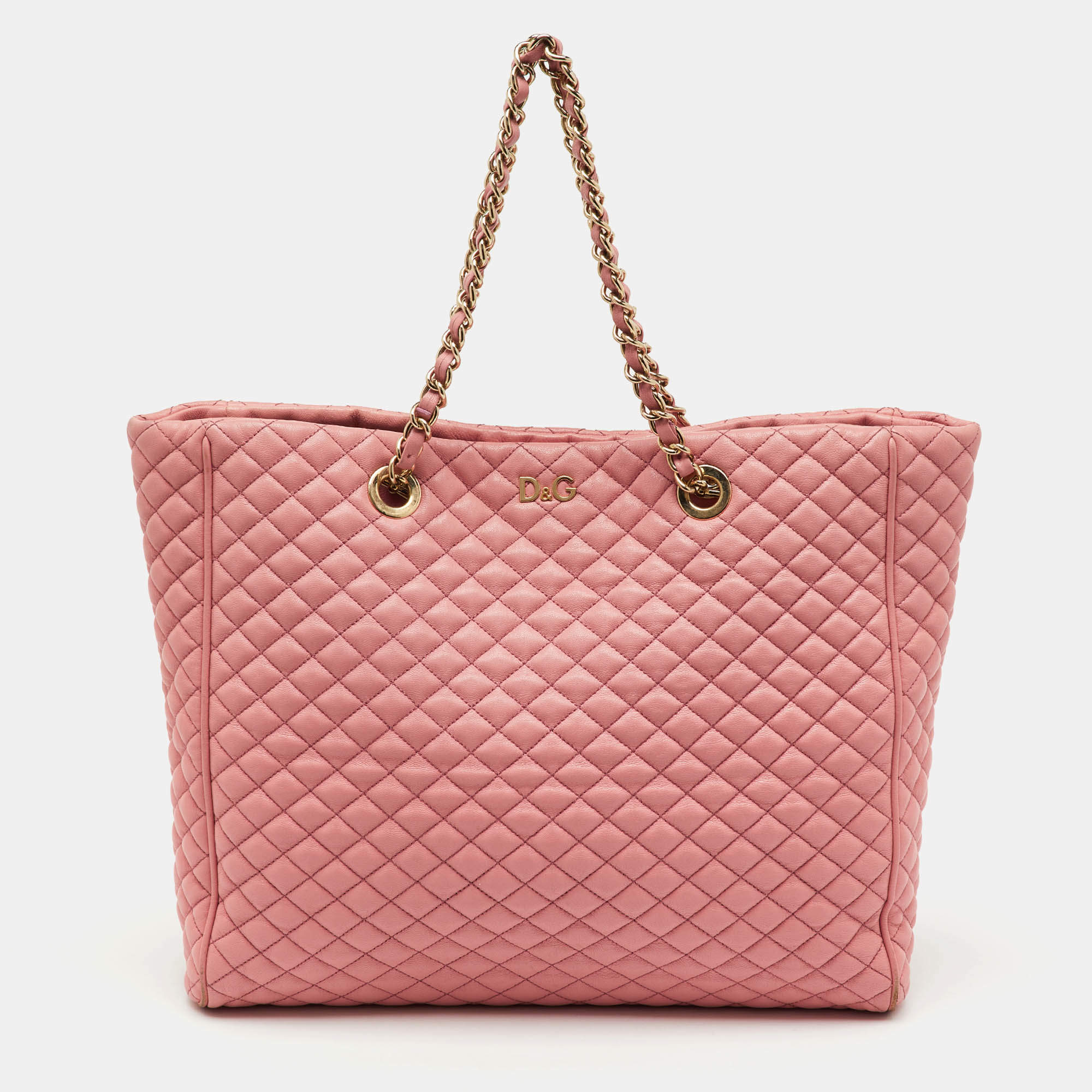 Pre Owned D&G Peach Pink Quilted Leather Lily Glam Tote