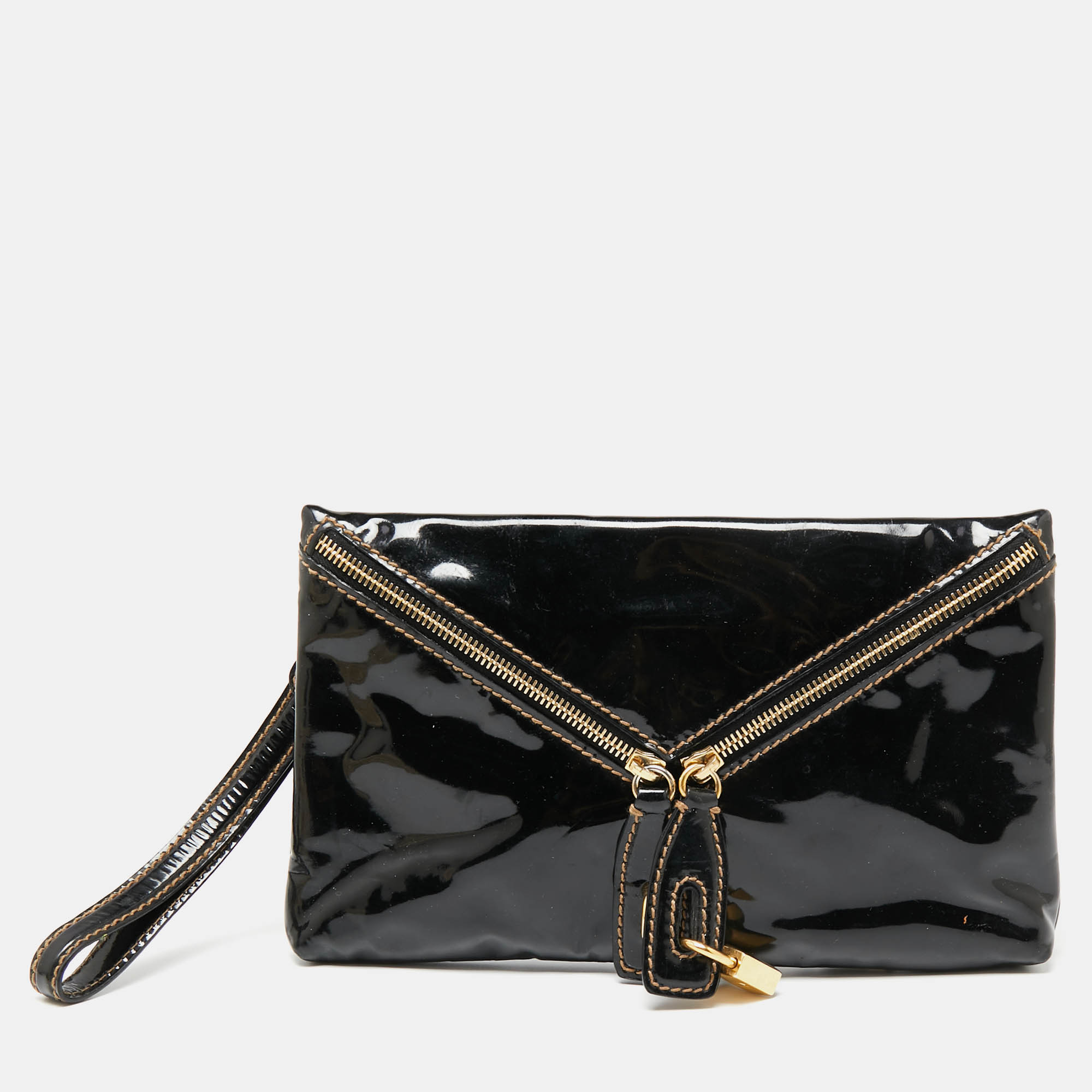 Pre Owned D&G Black Patent Leather Lock Envelope Clutch