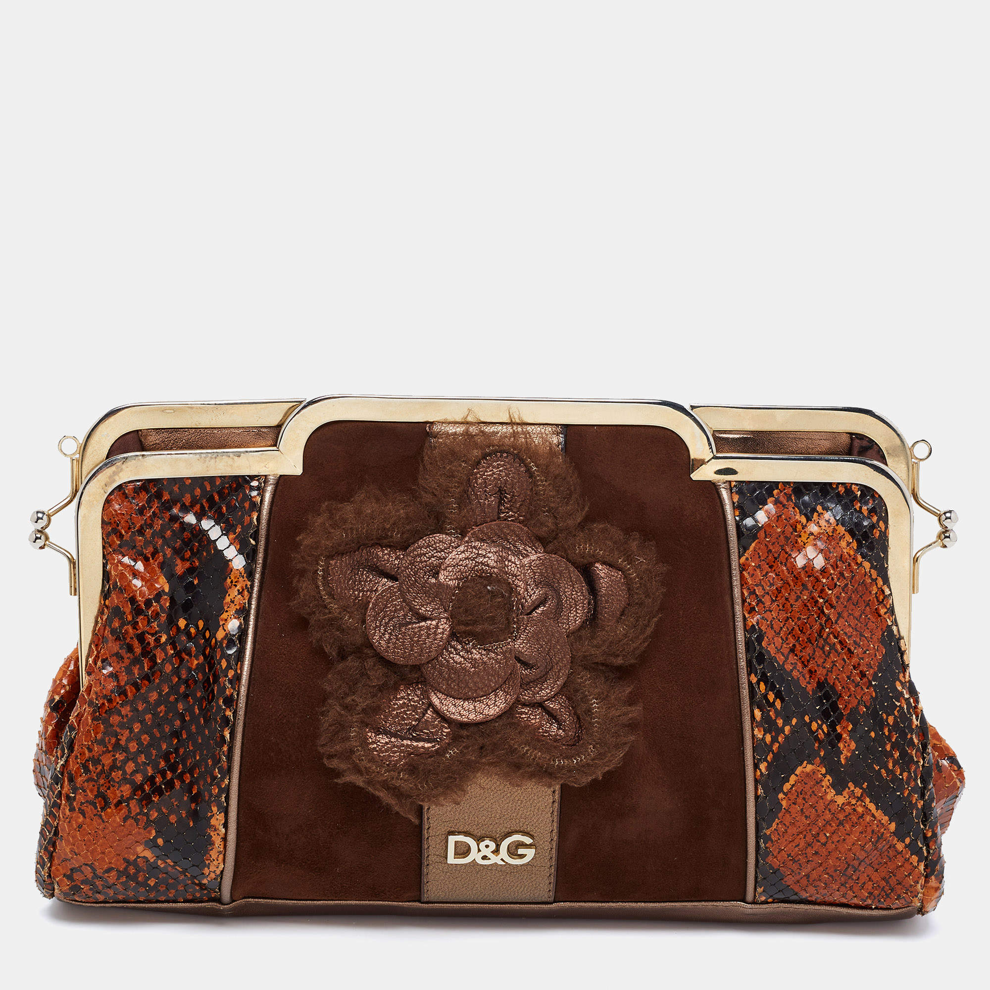 D&G Brown Snakeskin Embossed Leather And Suede Floral Applique Clutch