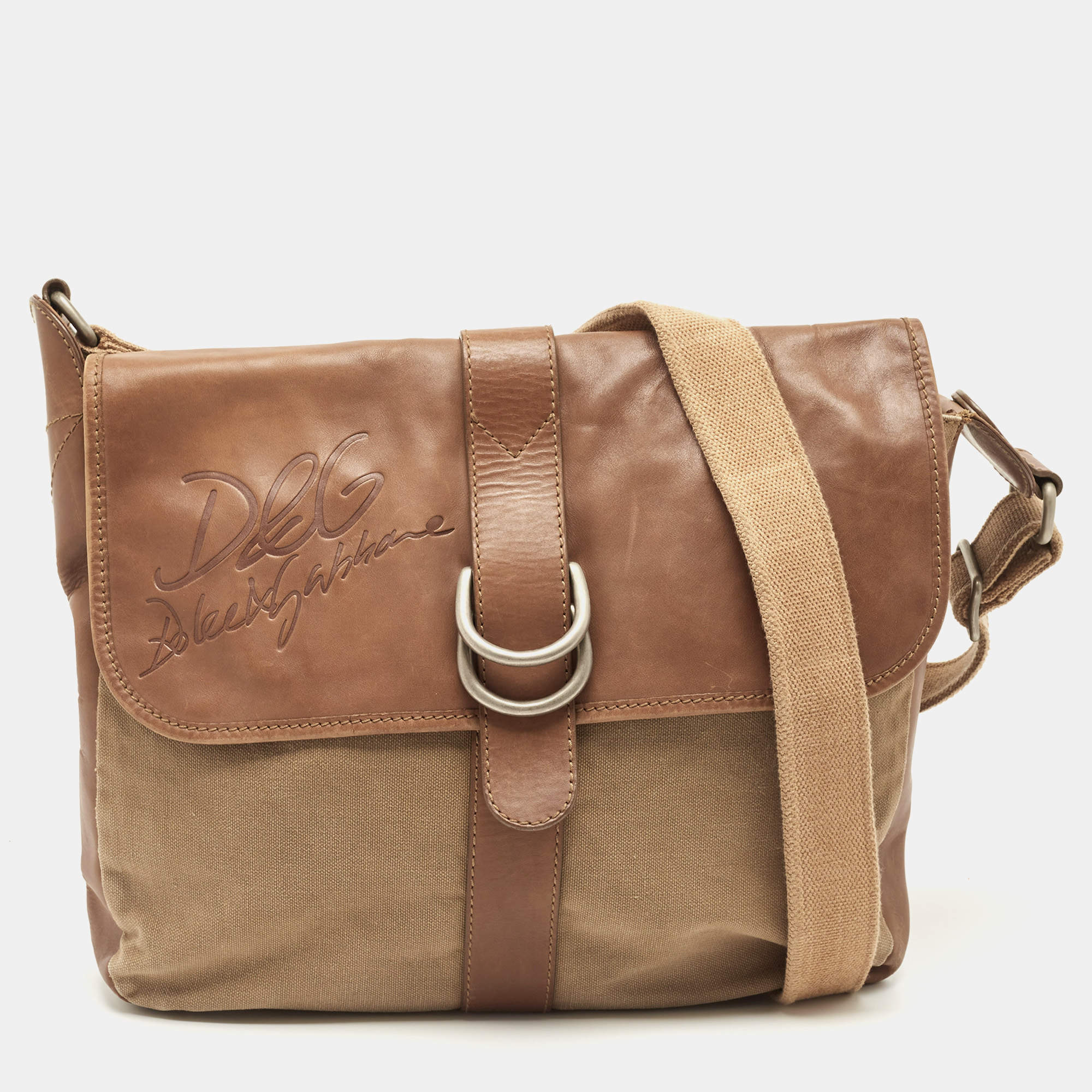 D&G Brown Canvas and Leather Flap Messenger Bag    