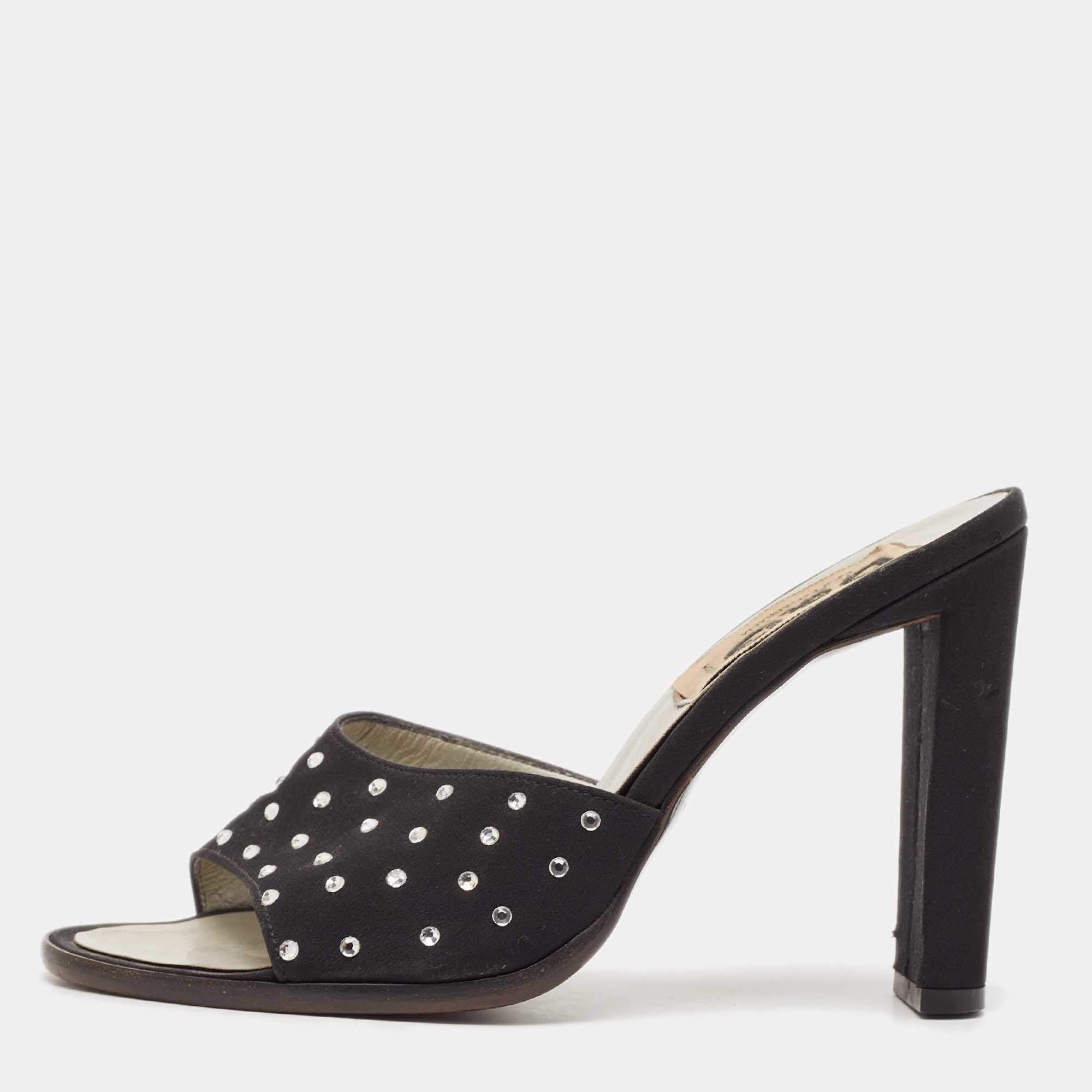 D&G Black Satin Crystal Embellished Slide Sandals Size 37