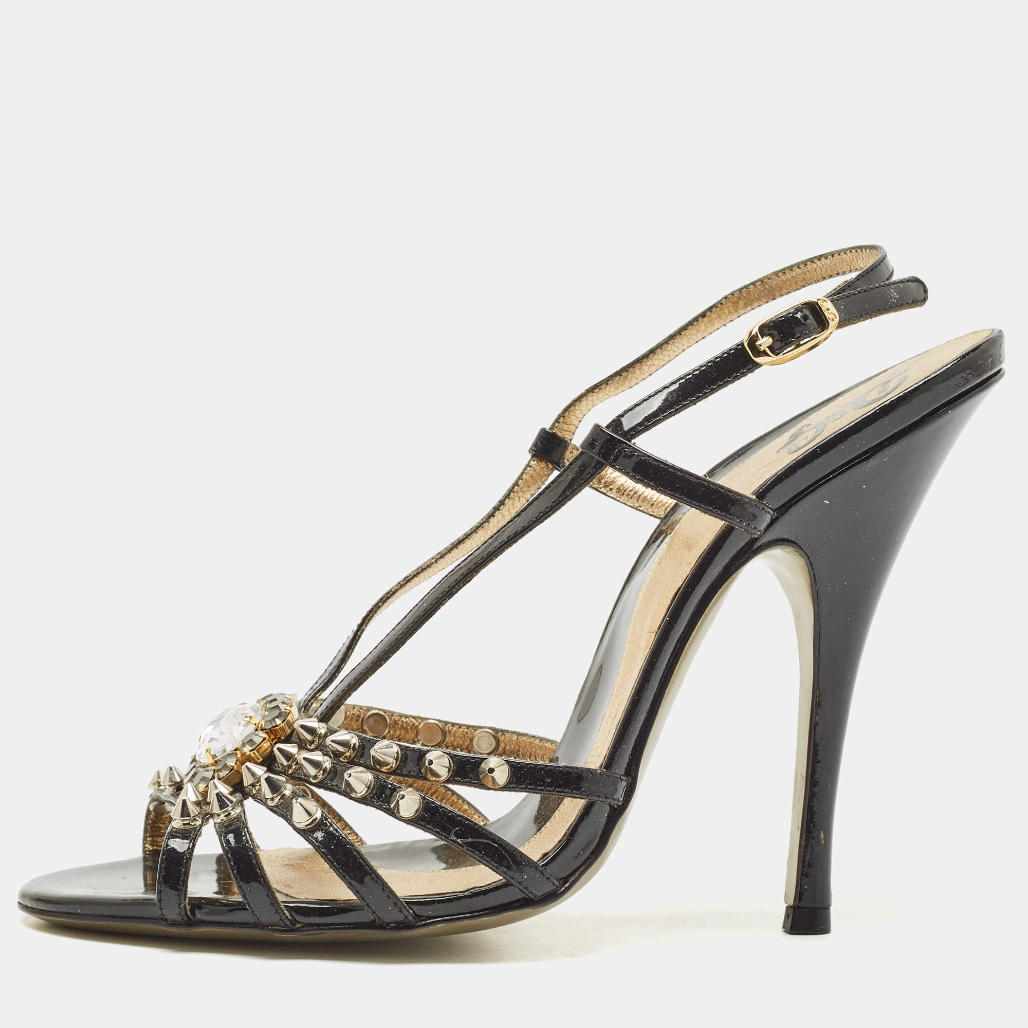D&G Black Patent Leather Studded Slingback Sandals Size 40