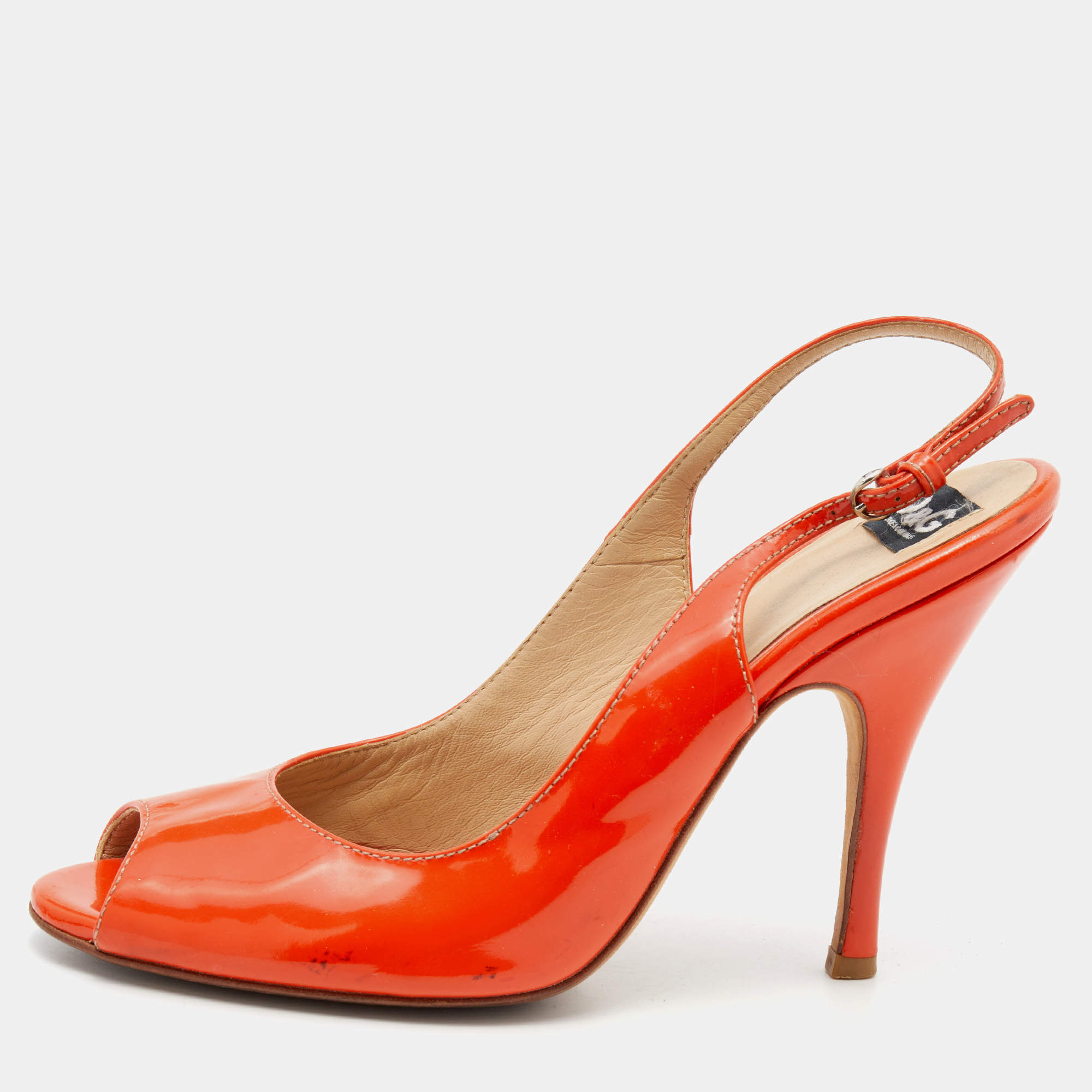 D&G Orange Patent Leather Peep Toe Slingback Sandals Size 37