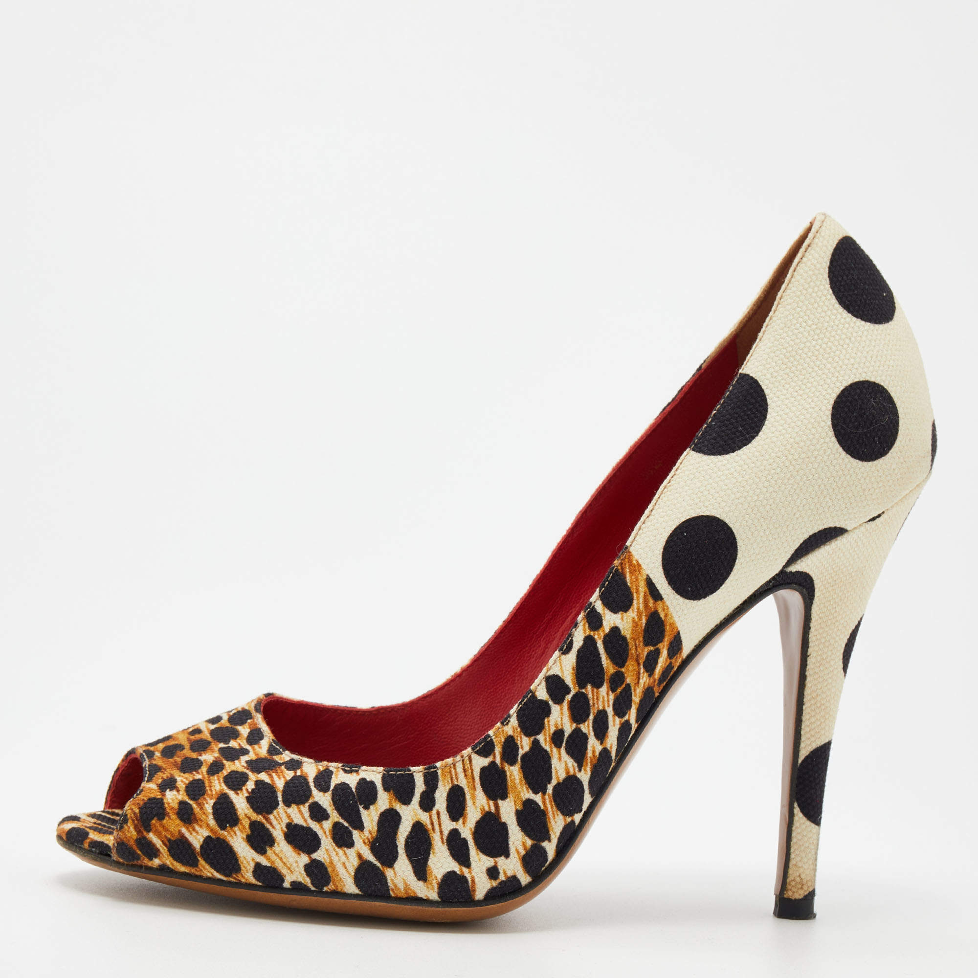D&G Multicolor Canvas Leopard And Polka Dot Printed Peep Toe Pumps Size 37.5