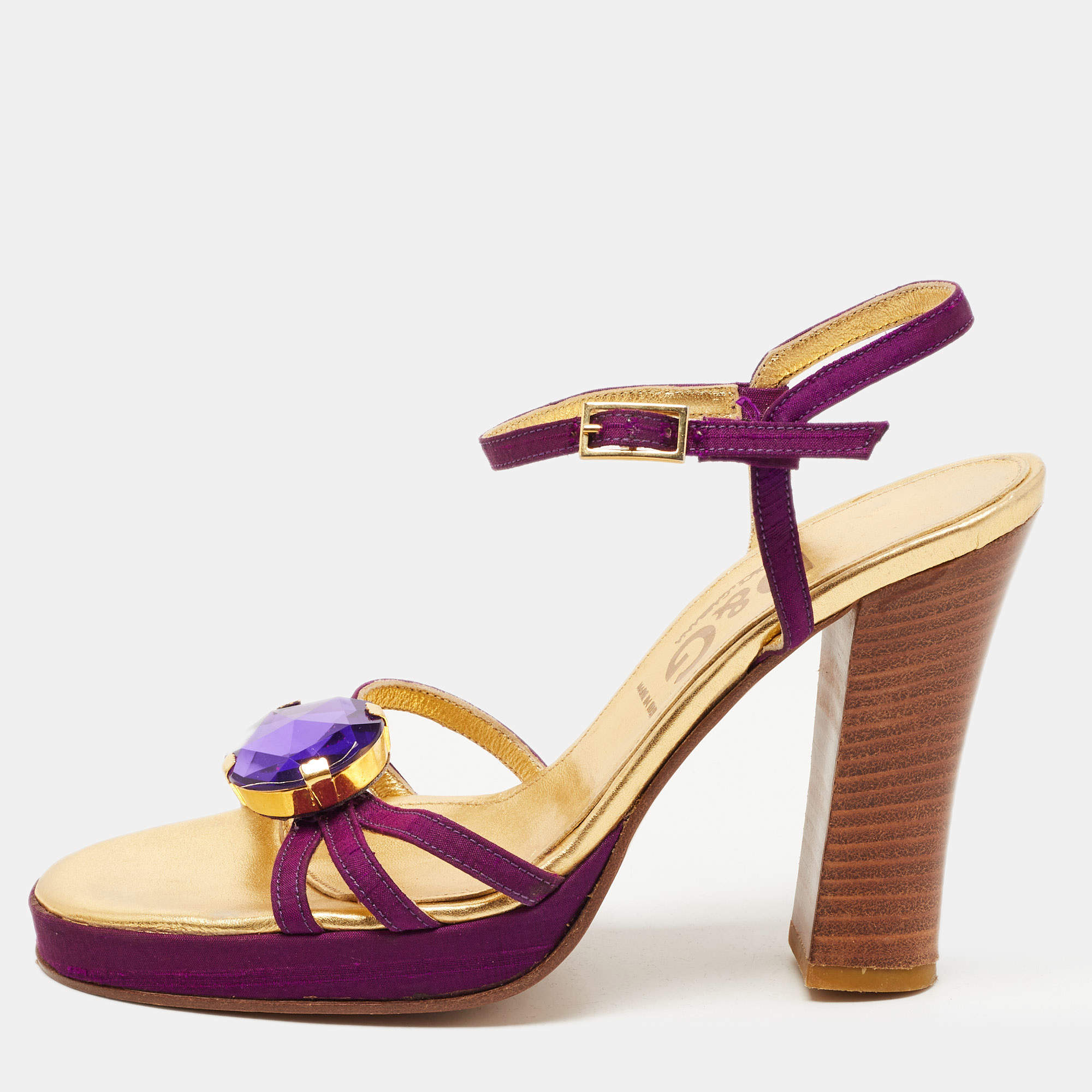 D&G Purple /Gold Leather Crystal Embellished Ankle Strap Block Heel Sandals Size 36