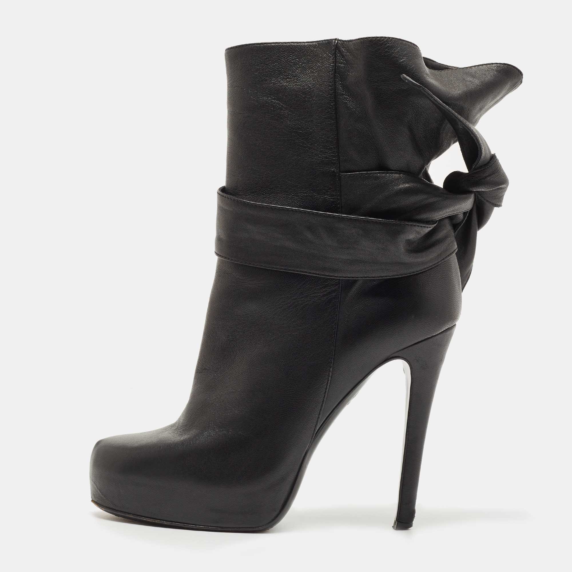 Pre Owned D&G Black Leather Bow Tie Detail Ankle Boots Size 37