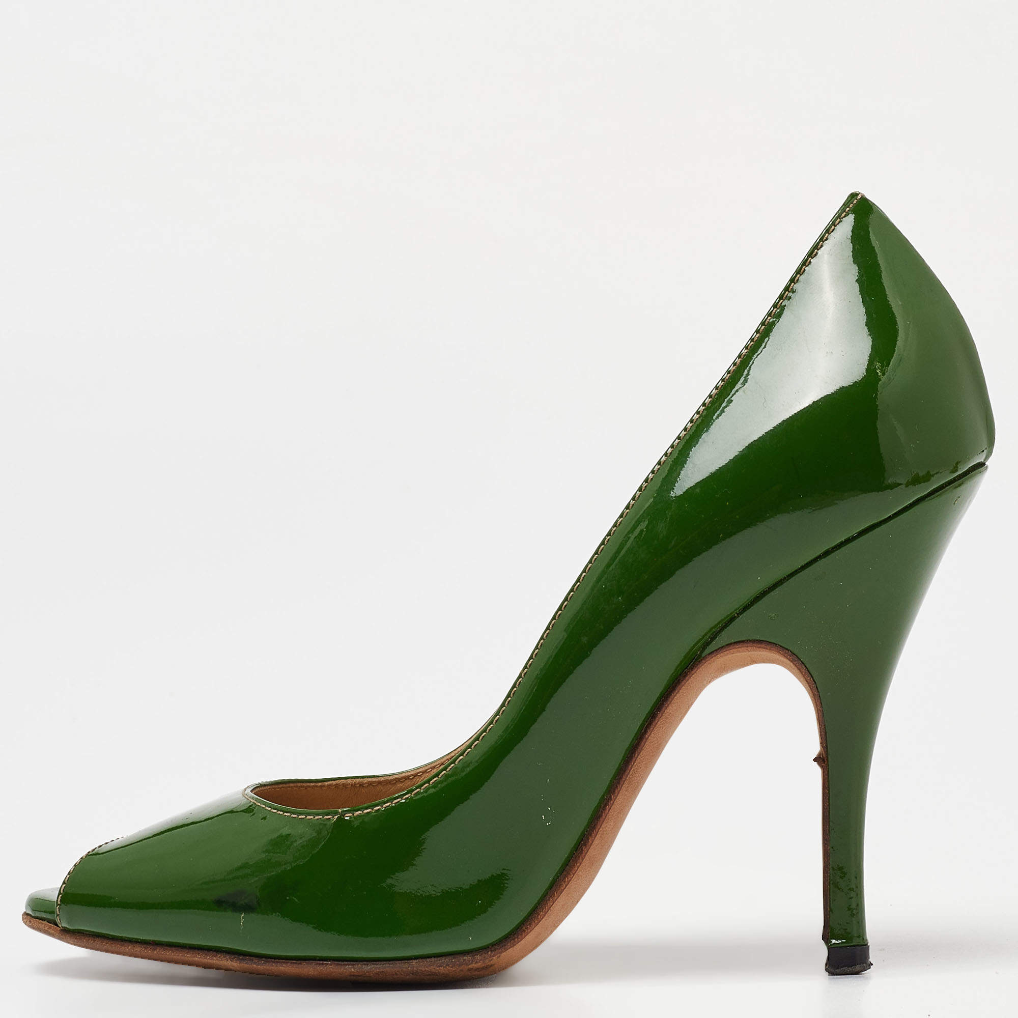 Pre Owned D&G Green Patent Leather Peep Toe Pumps Size 38