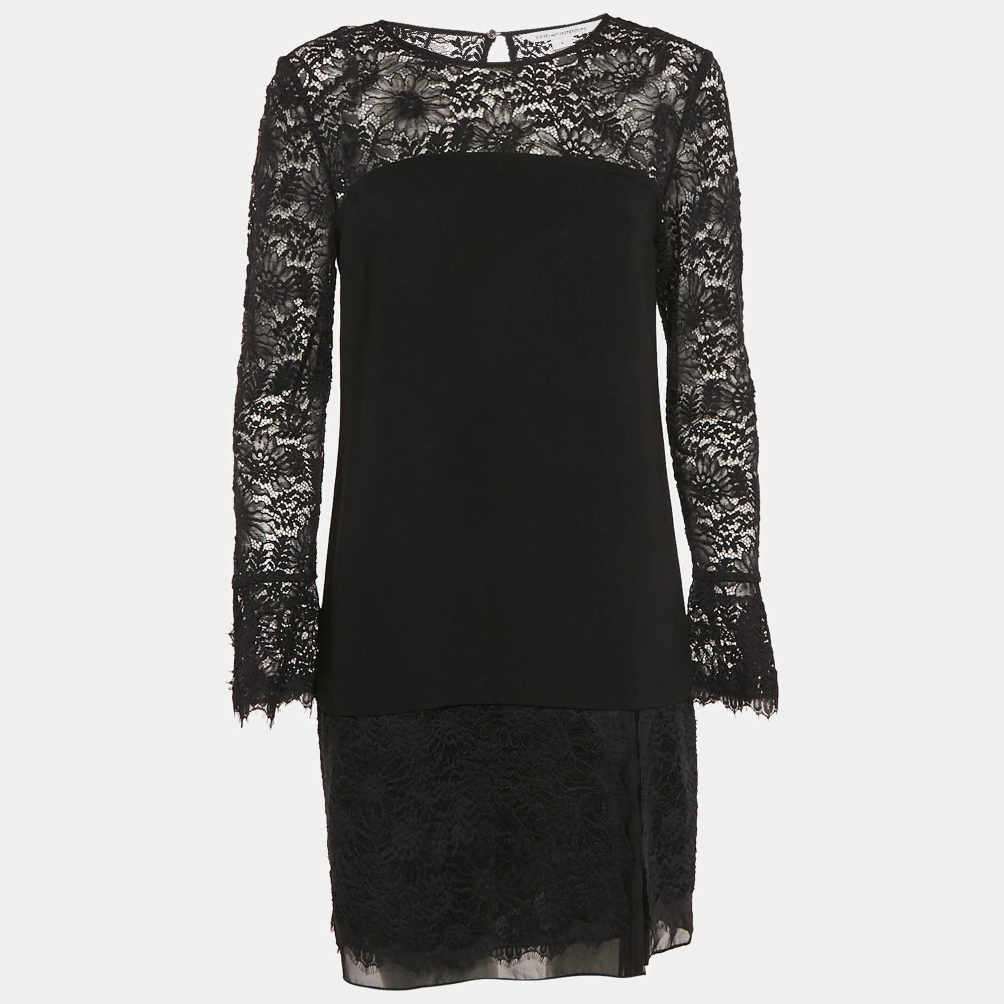 Pre Owned Diane Von Furstenberg Black Lace Trim Chiffon Lavana Dress M