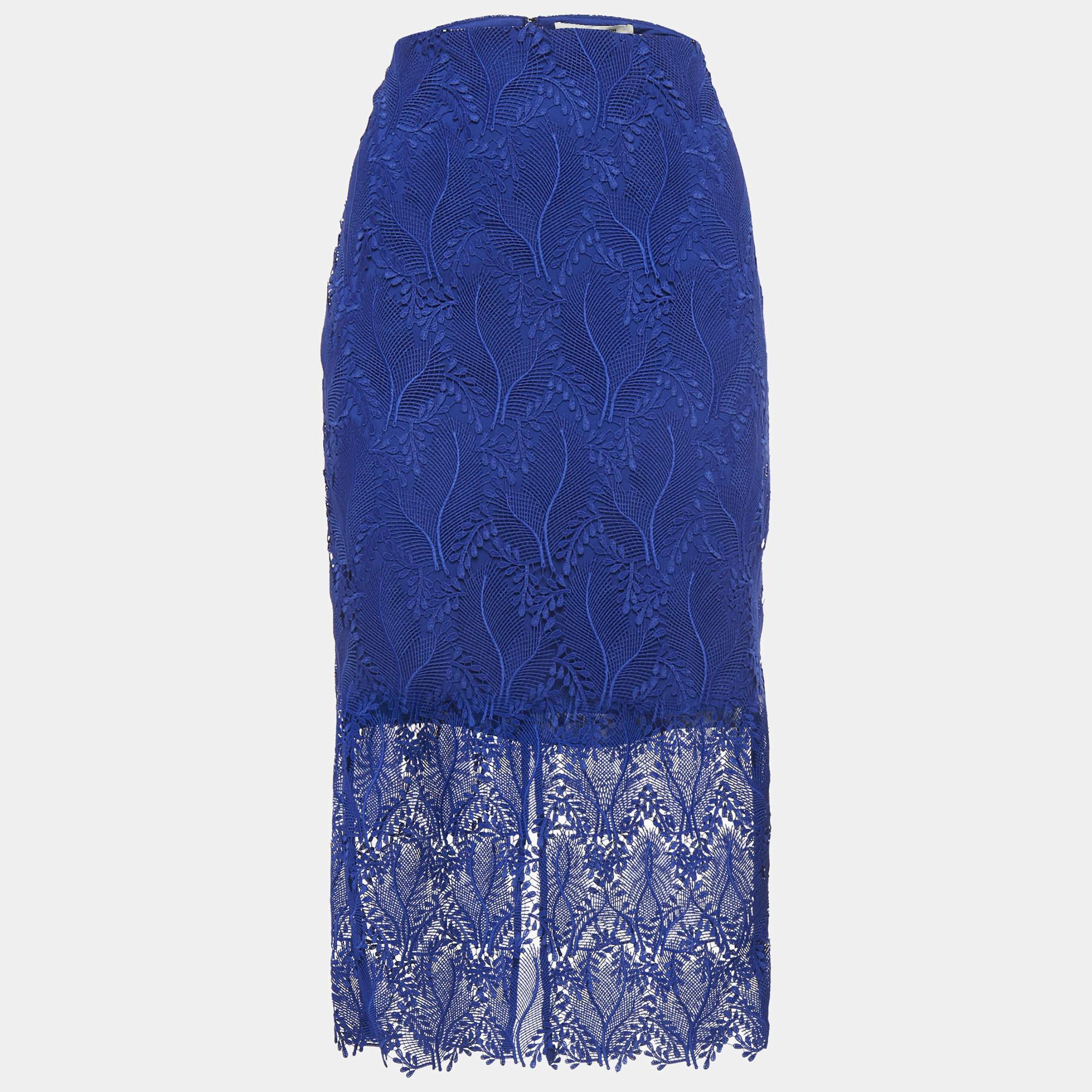 Pre Owned Diane Von Furstenberg Klein Blue Lace Overlay Tailored Pencil Skirt M