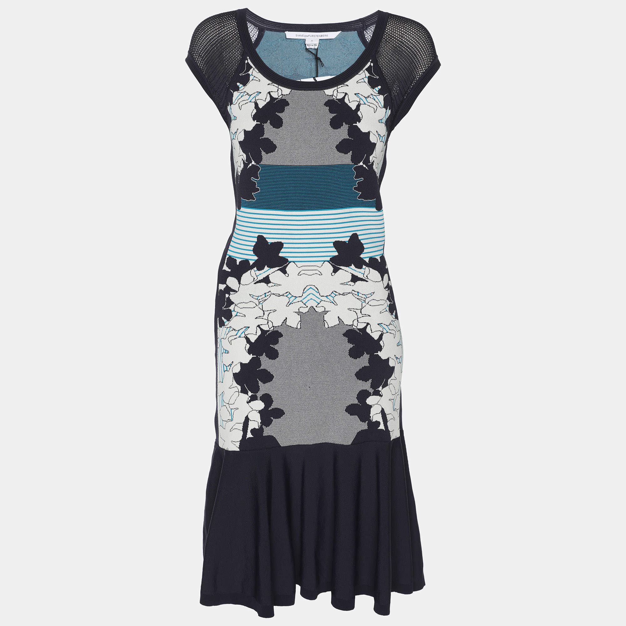 Pre Owned Diane Von Furstenberg Navy Blue/White Knit Jalen Dress S