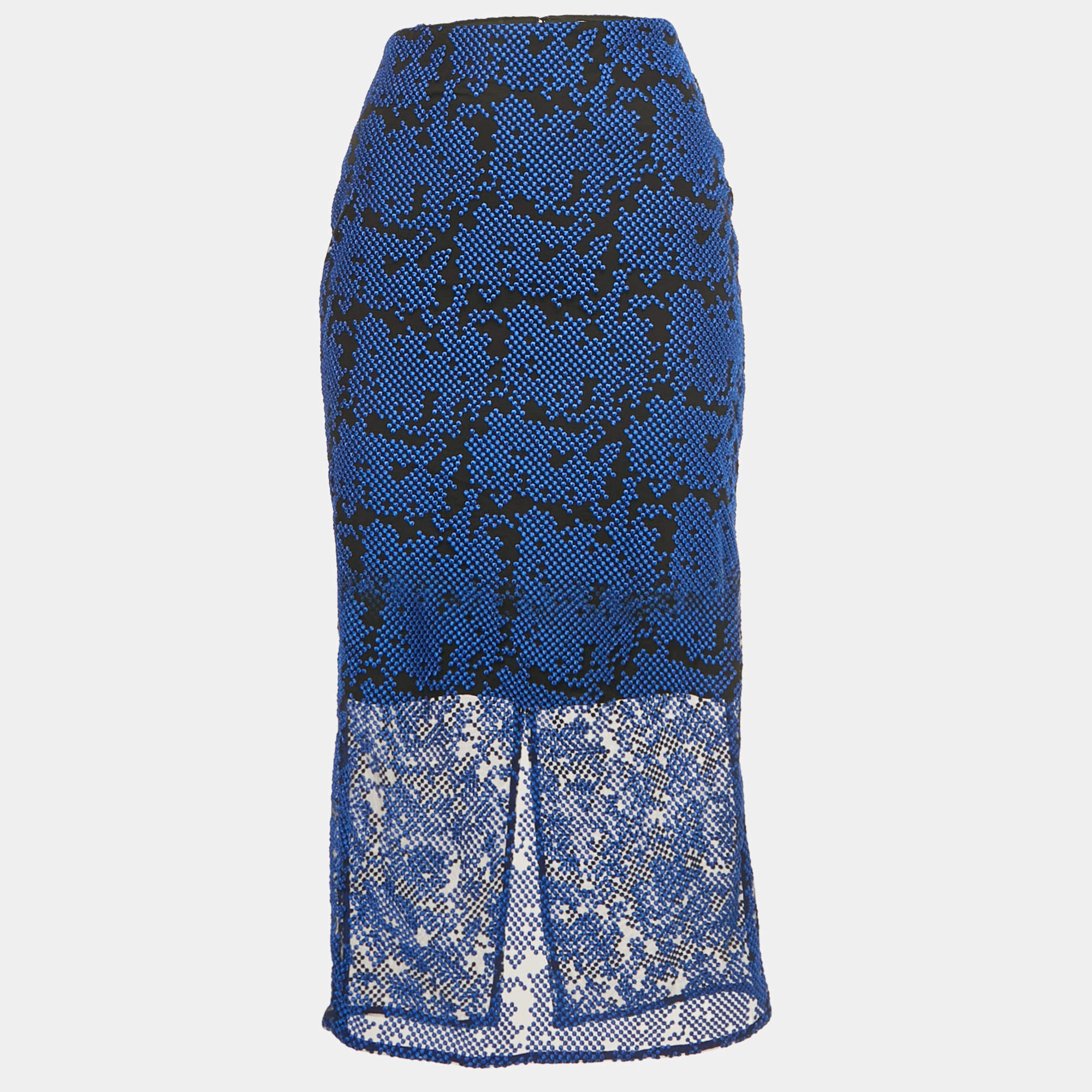 مملوكة مسبقًا Diane Von Furstenberg Black /Blue Embroidered Mesh Overlay Tailored Pencil Skirt XS