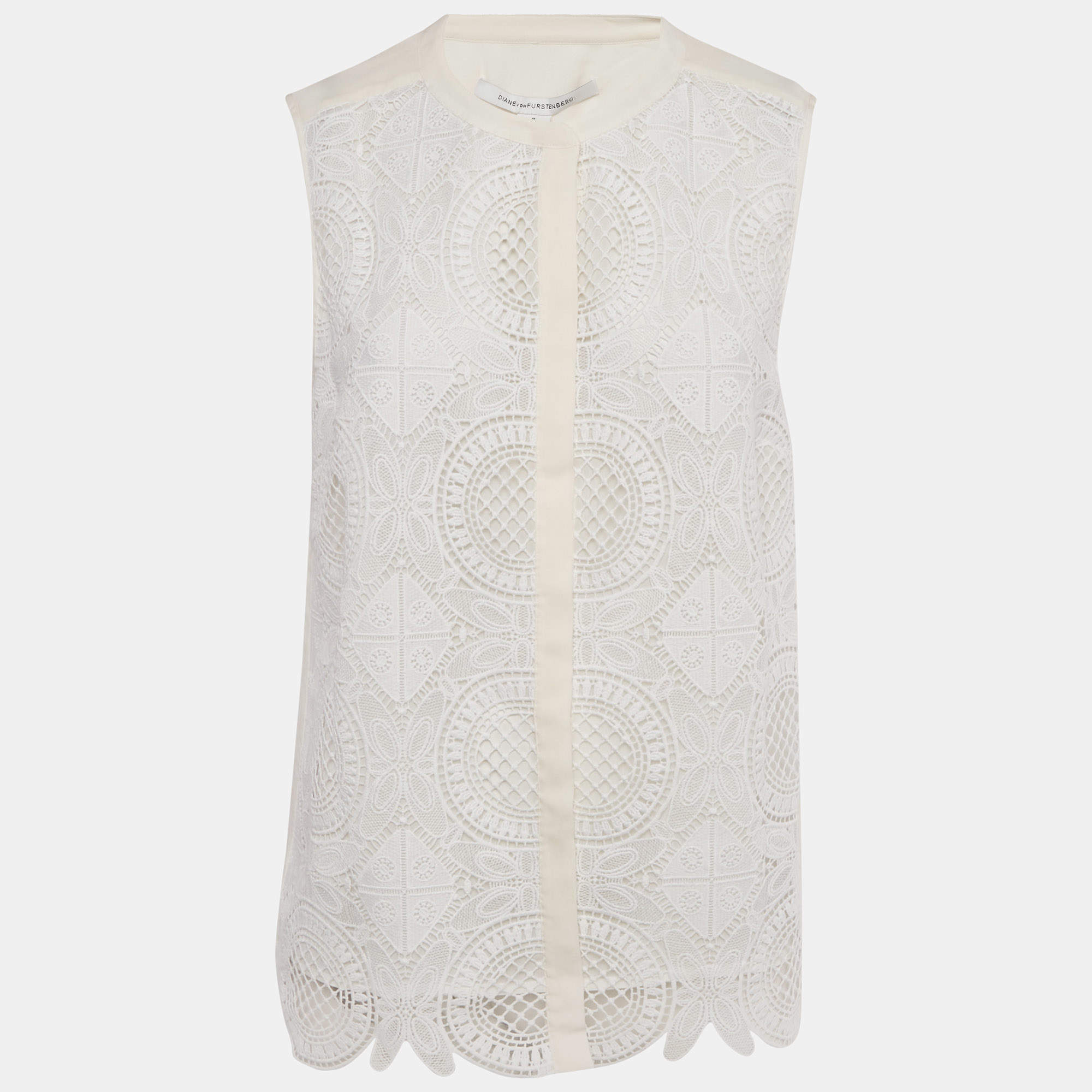 Pre Owned Diane Von Furstenberg Ivory Lace & Silk Lakyn Sleeveless Top M