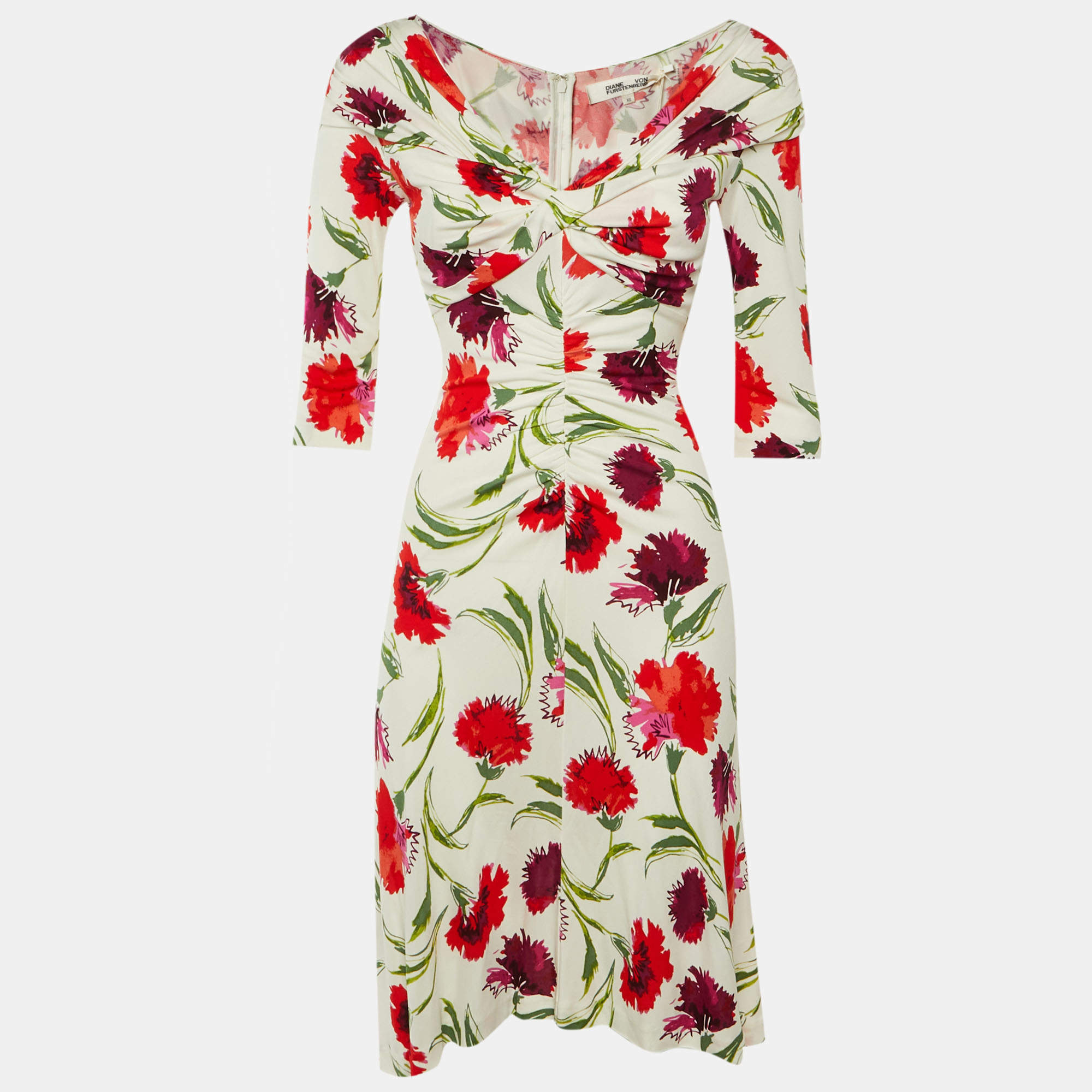 Pre Owned فستان جيرسي فلورال مطبوع أبيض "جيم" دايان فون فورستنبرغ ميدي مقاس صغير جداً