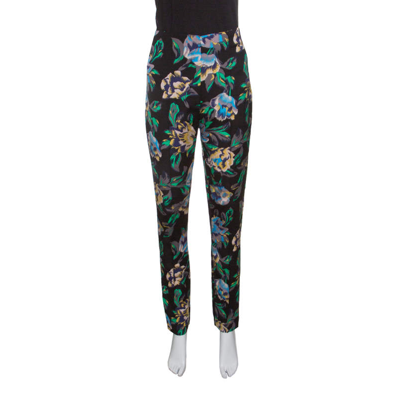 Pre Owned Diane Von Furstenberg Black Floral Printed Benton High Waist Skinny Pants L