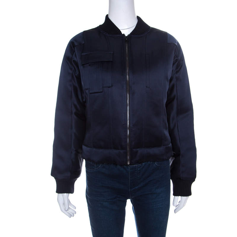 Pre Owned Diane Von Furstenberg Navy Blue Satin Alexander Bomber Jacket M