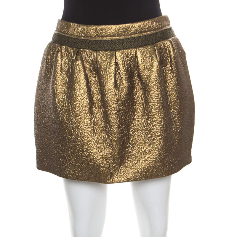 Pre Owned Diane Von Furstenberg Metallic Gold Gathered Addie Jacquard Mini Skirt M