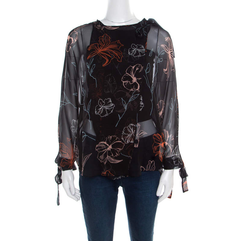 Diane Von Furstenberg Black Fenelon Print Silk Wrap Top L