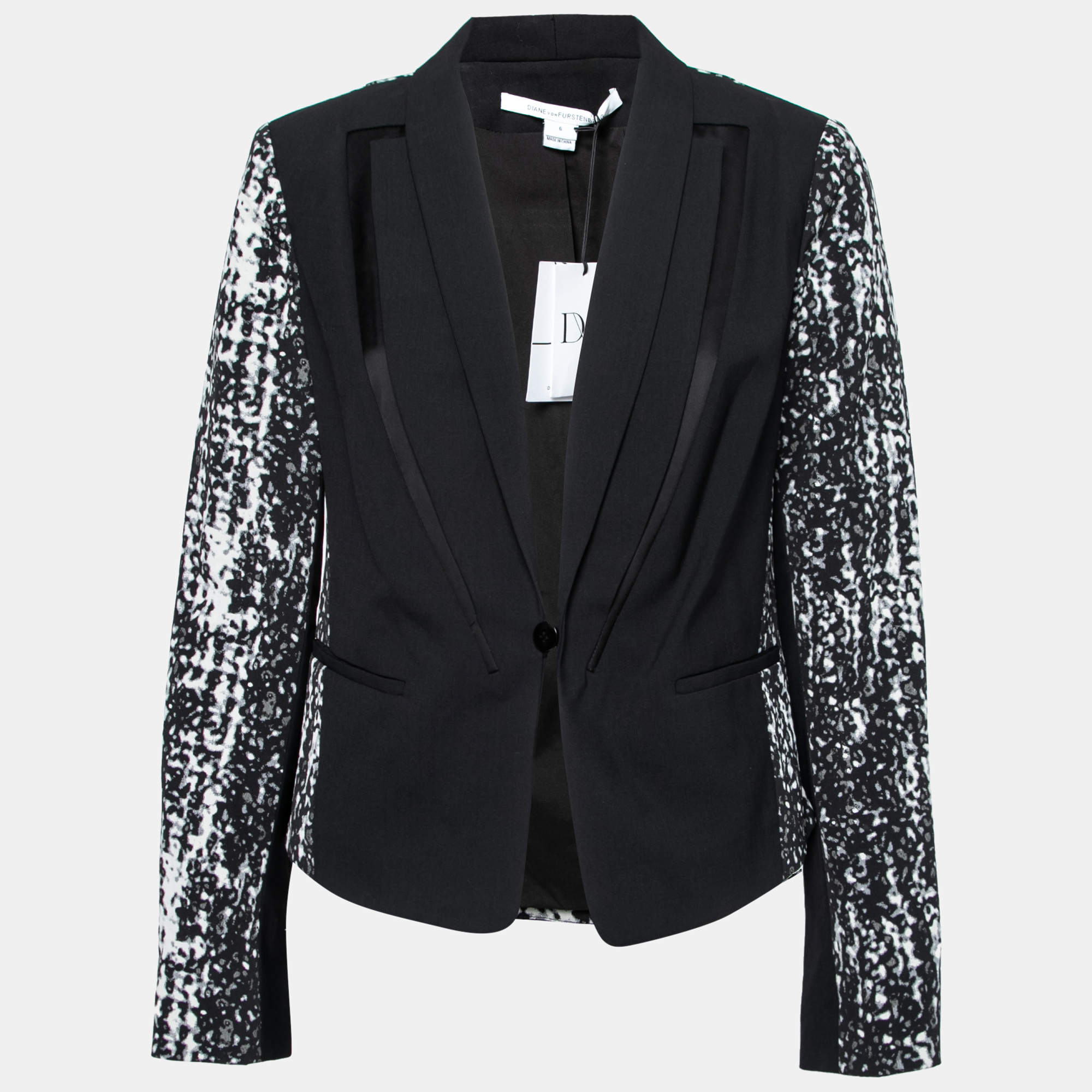 Pre Owned Diane von Furstenberg Black Crepe Jacquard Paneled Olena Jacket M