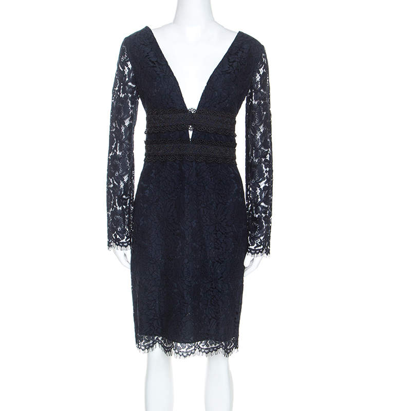 Pre Owned Diane Von Furstenberg Midnight Blue Lace Long Sleeve Viera Dress M