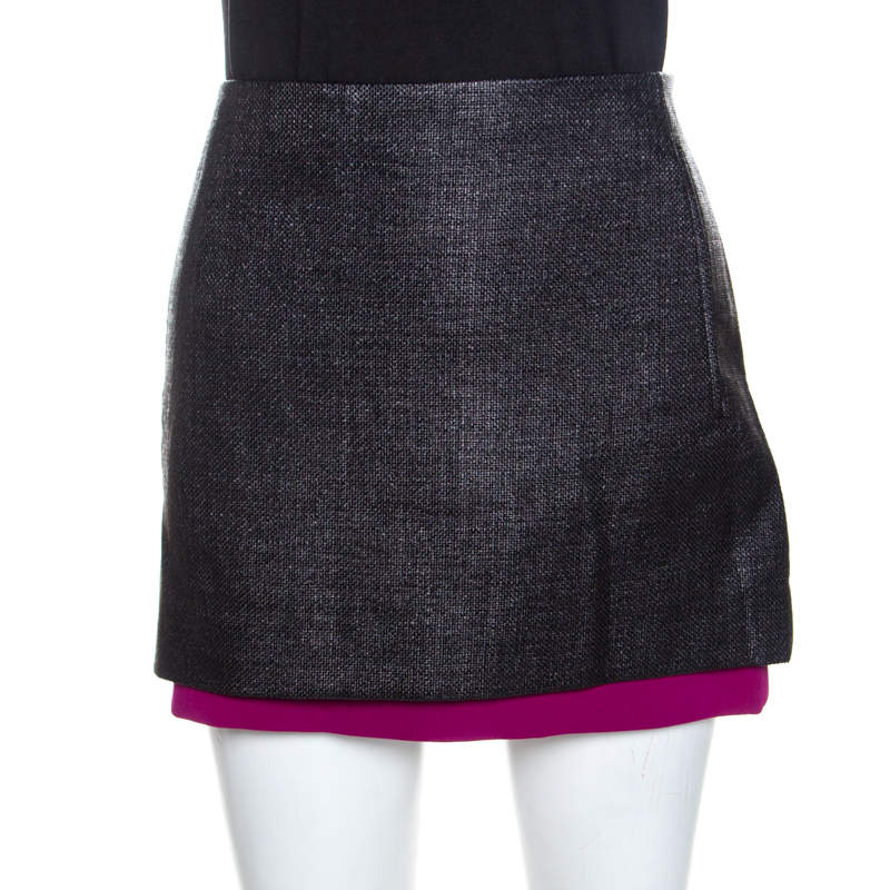 Pre Owned Diane Von Furstenberg Black Textured Contrast Hem Elley Mini Skirt M