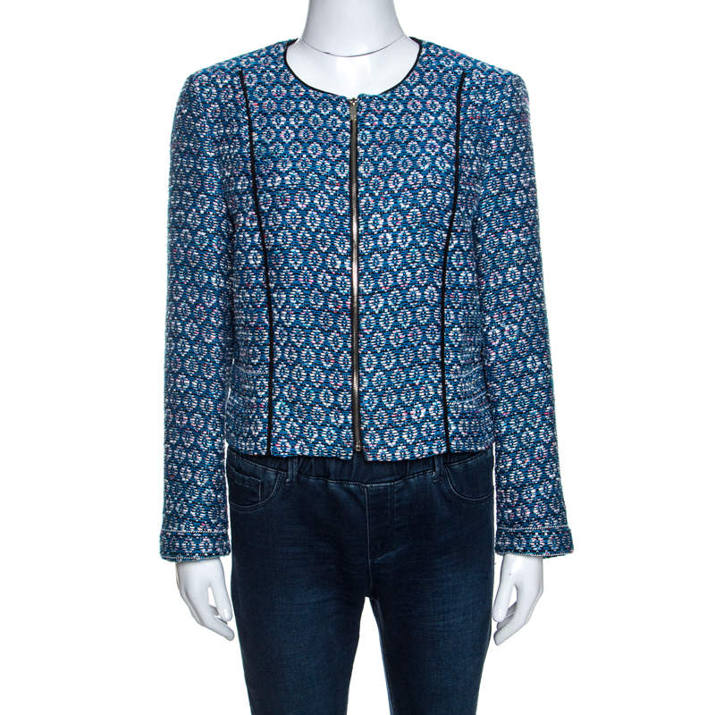 Pre Owned Diane Von Furstenberg Blue Lurex Jacquard Knit Rylan Jacket L
