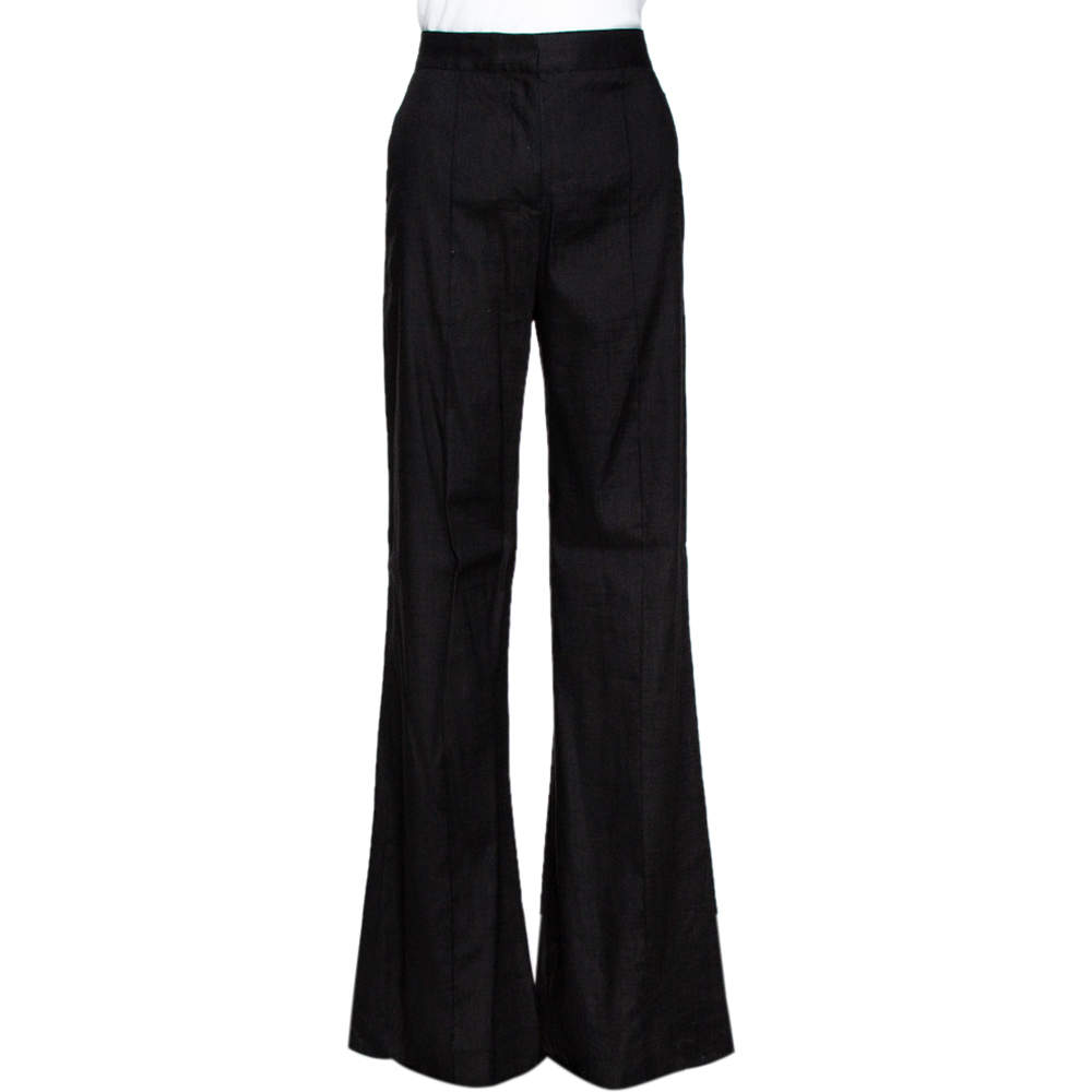 Pre Owned Diane von Furstenberg Black Linen Pleat Front Flared Pants M
