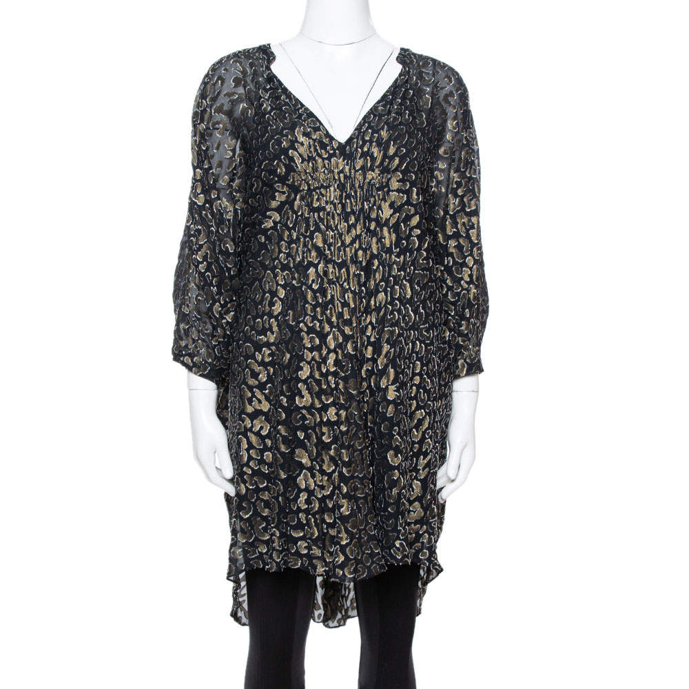 Pre Owned Diane von Furstenberg Black Brocade Ruched Fleurette Tunic Dress M