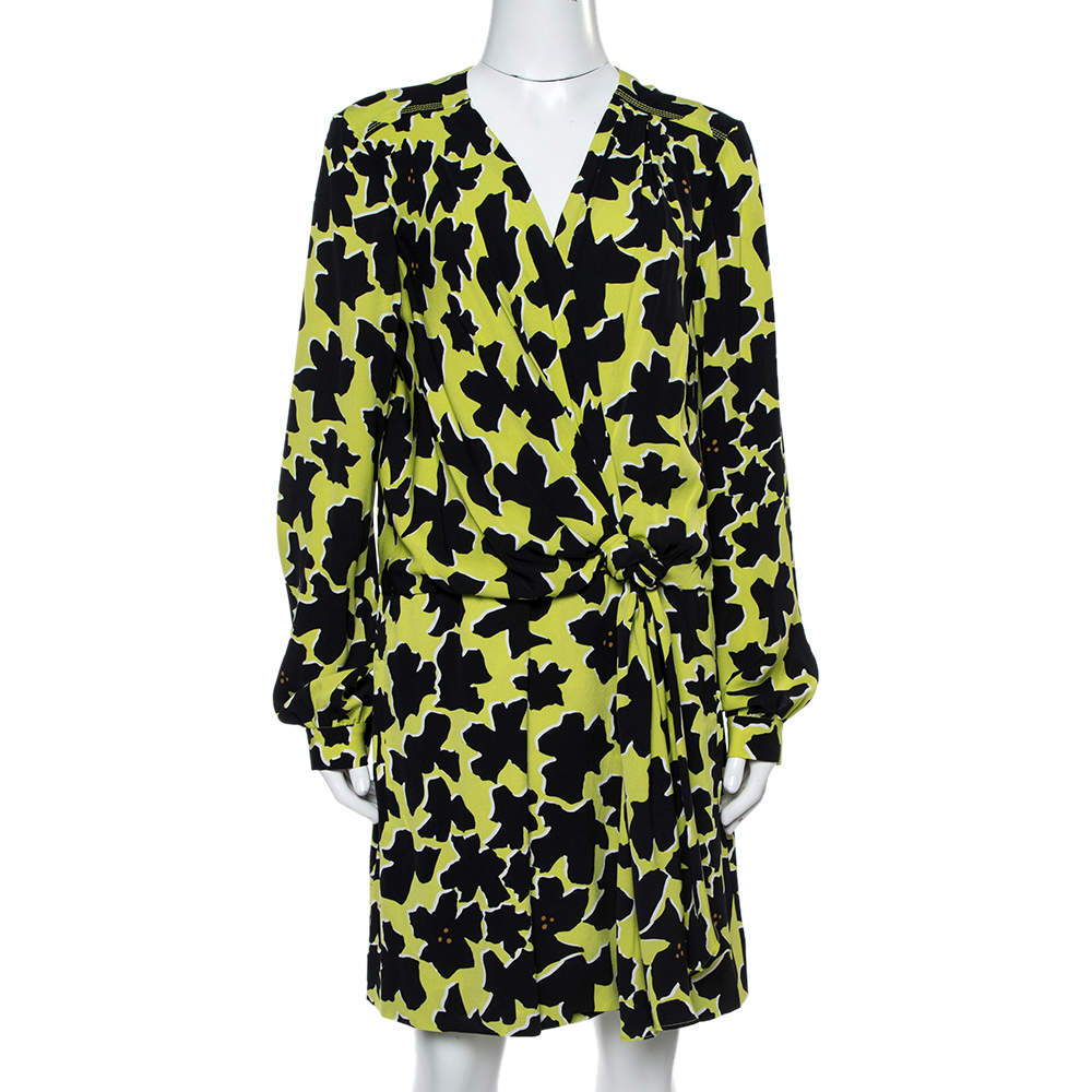 Pre Owned Diane Von Furstenberg Green/Black Silk Crepe Print Dora Lily Midi Dress L